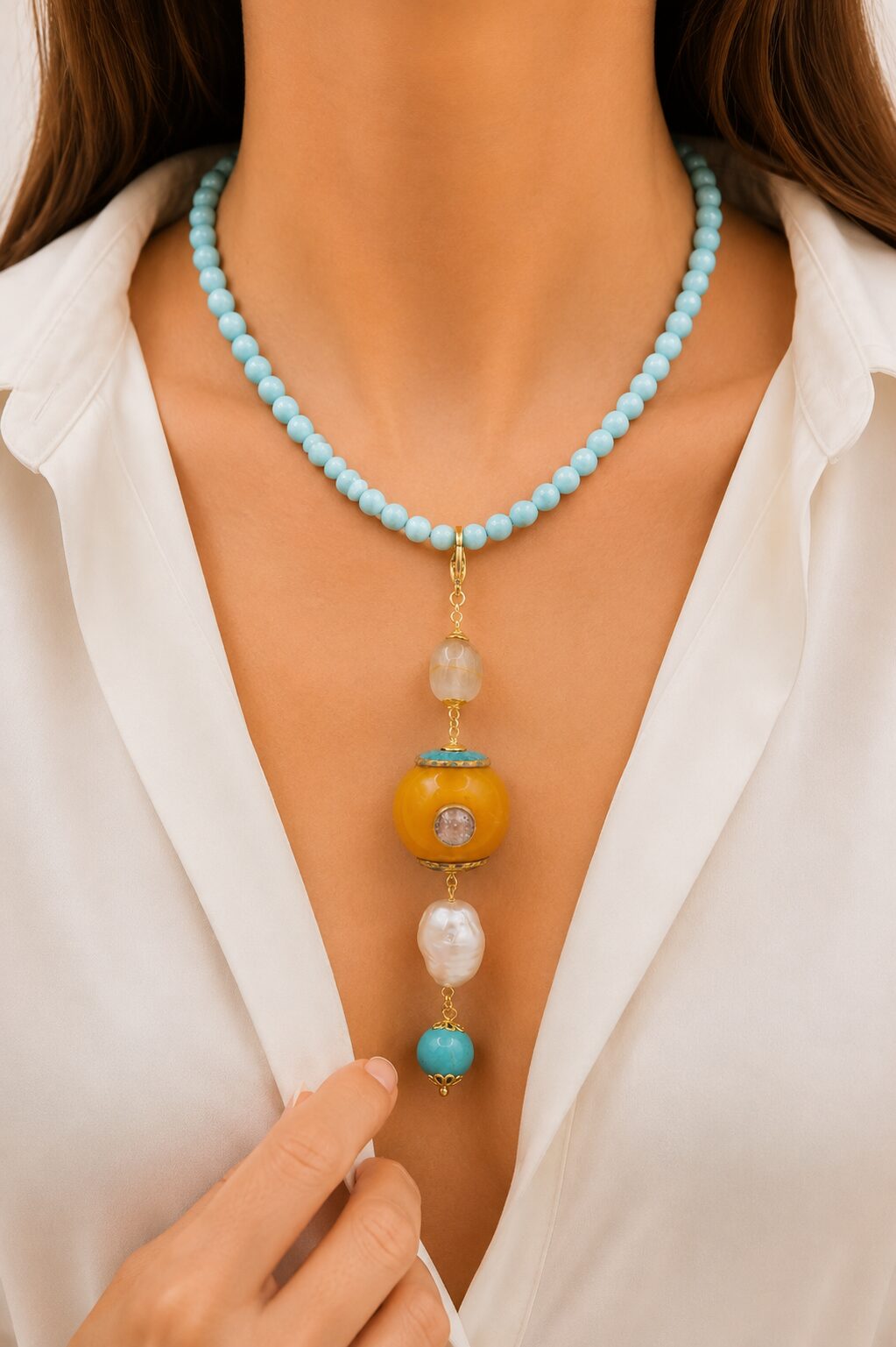 COLLANA ARTIGIANALE TURCHESE STABILIZZATA ELEMENTO NEPALESE PERLA DIASPRO TURCHESE