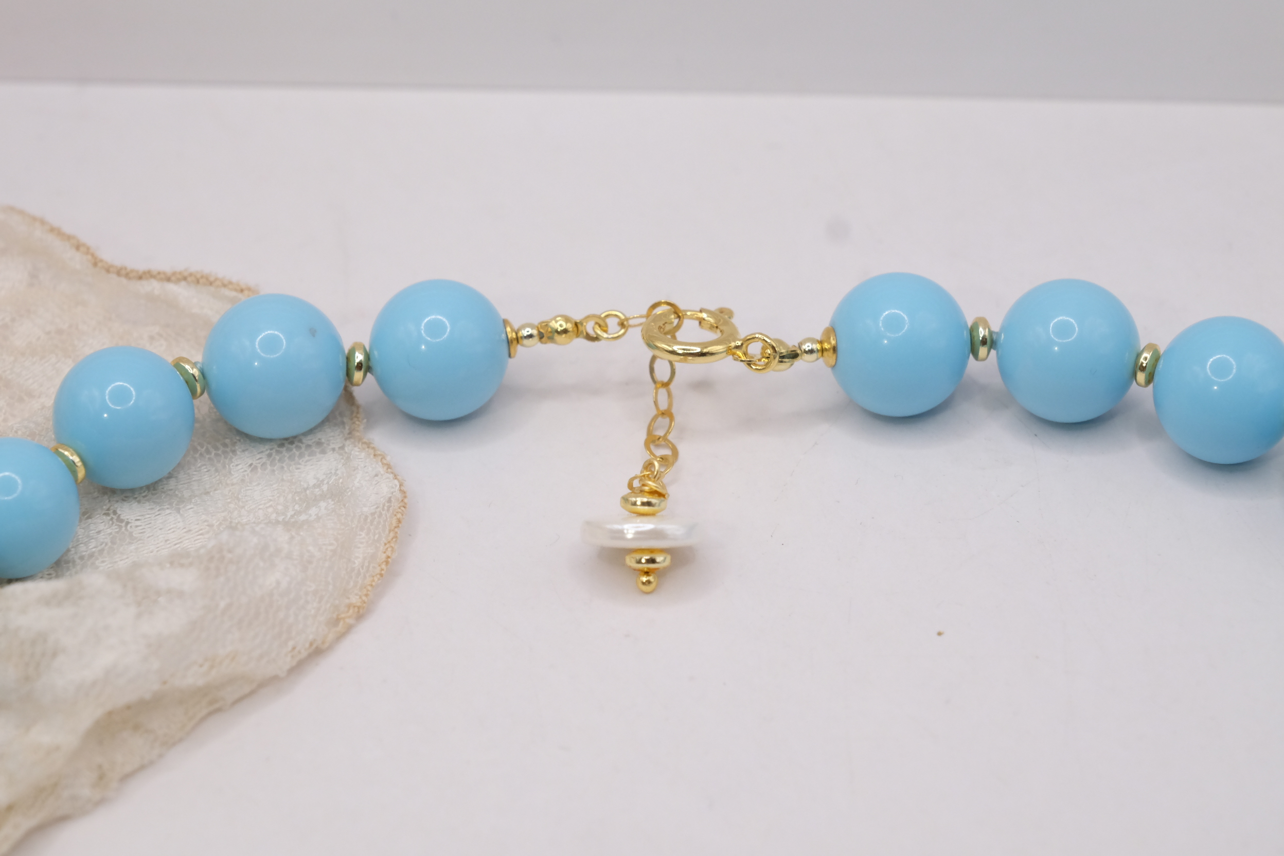 COLLANA BOULES ARTIGIANALE PASTA DI CORALLO DI TURCHESE PERLE DI MAIORCA TOP QUALITY ARGENTO DORATO (1)