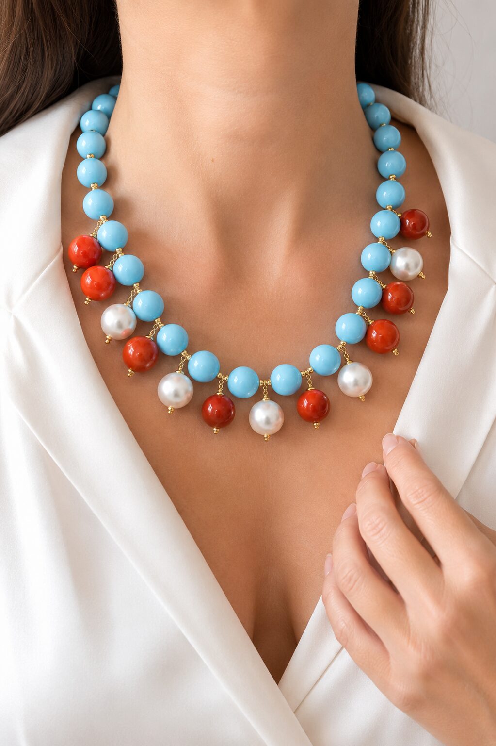 COLLANA BOULES ARTIGIANALE PASTA DI CORALLO DI TURCHESE PERLE DI MAIORCA TOP QUALITY ARGENTO DORATO (2)