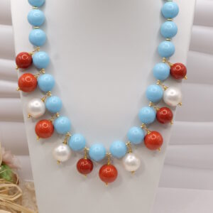 Collana Boules Pasta di Corallo Rosso di Turchese Perle Acciaio
