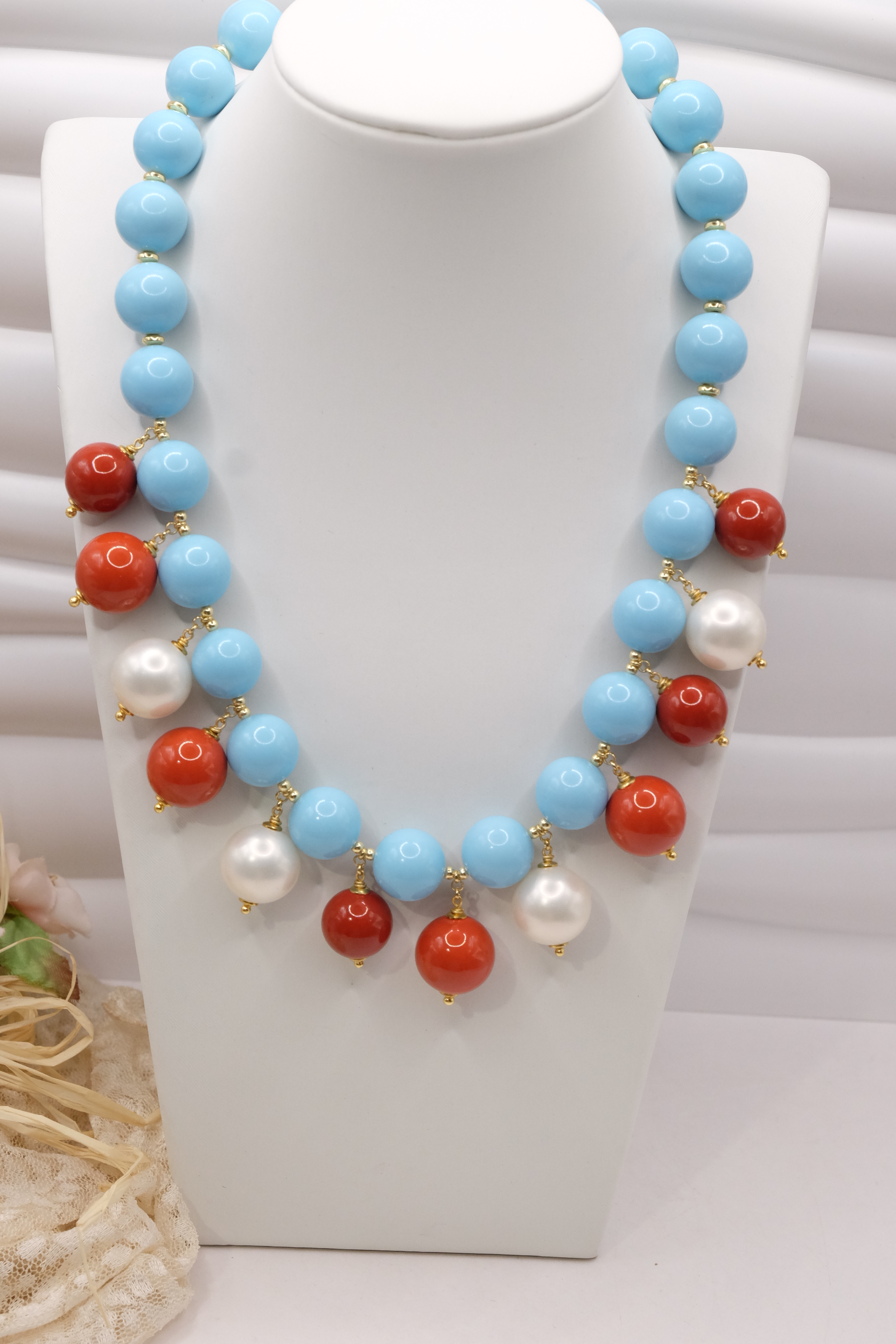 COLLANA BOULES ARTIGIANALE PASTA DI CORALLO DI TURCHESE PERLE DI MAIORCA TOP QUALITY ARGENTO DORATO (2)