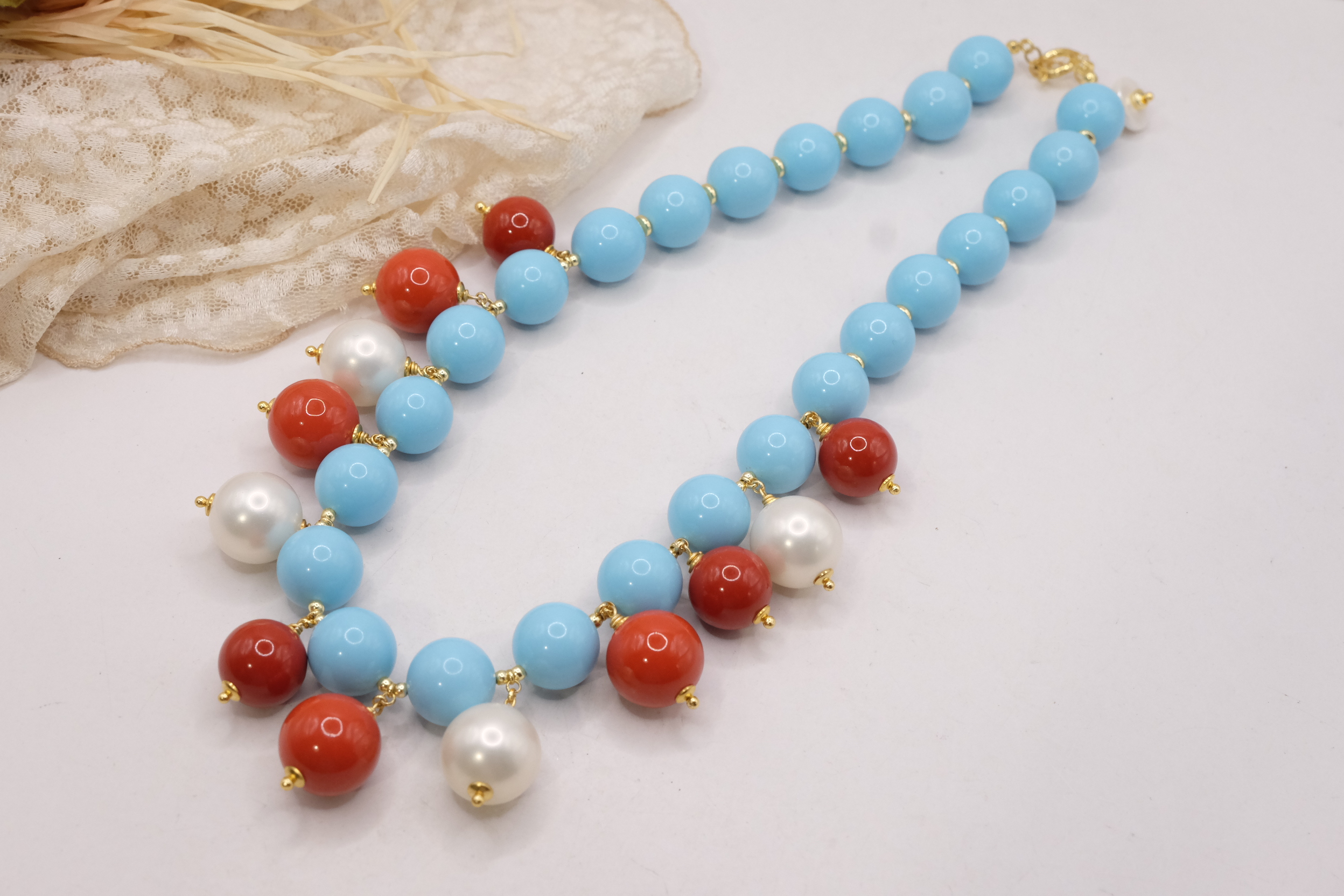 COLLANA BOULES ARTIGIANALE PASTA DI CORALLO DI TURCHESE PERLE DI MAIORCA TOP QUALITY ARGENTO DORATO (3)