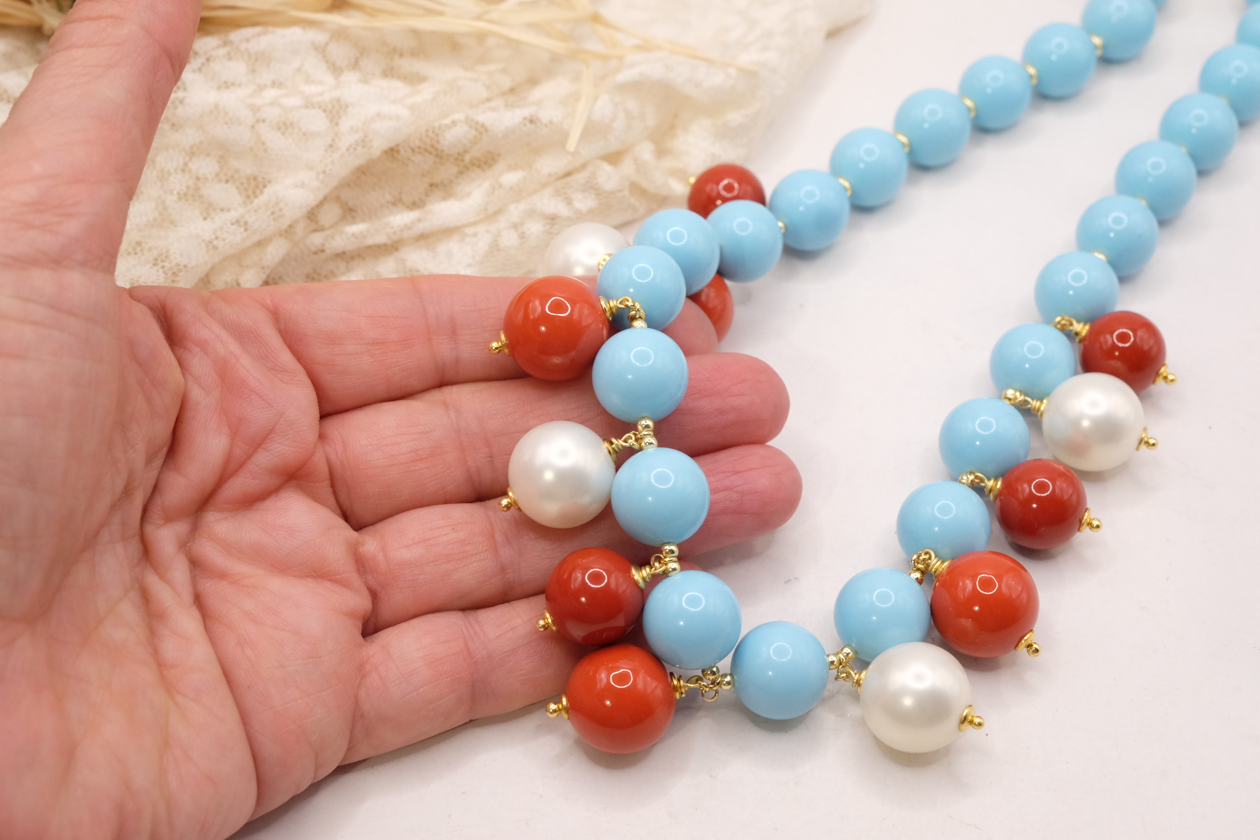 COLLANA BOULES ARTIGIANALE PASTA DI CORALLO DI TURCHESE PERLE DI MAIORCA TOP QUALITY ARGENTO DORATO (4)