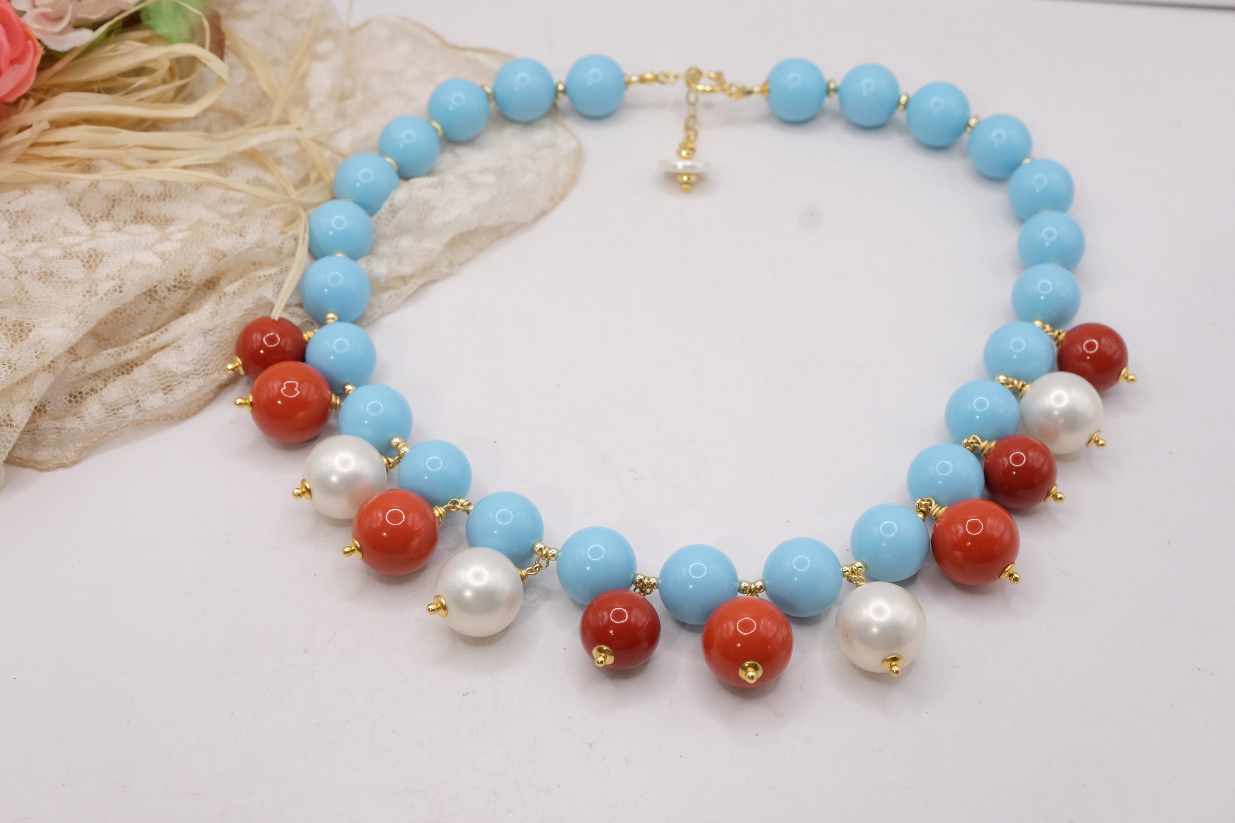 COLLANA BOULES ARTIGIANALE PASTA DI CORALLO DI TURCHESE PERLE DI MAIORCA TOP QUALITY ARGENTO DORATO (5)