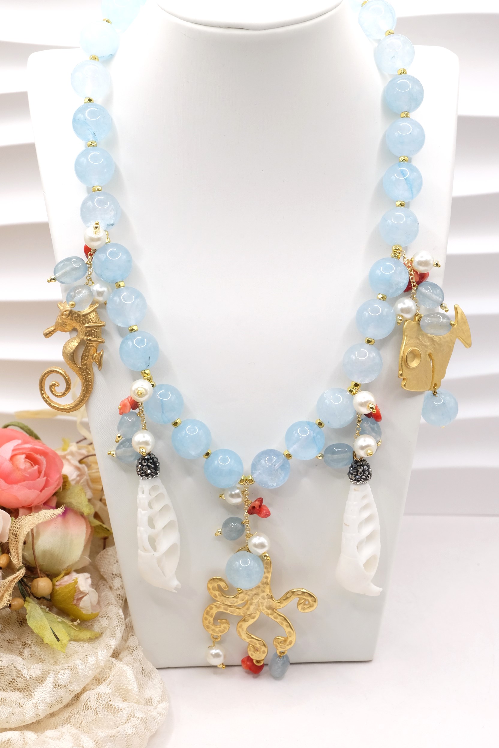 COLLANA GIADA ACQUAMARINA POLPO PESCE CAVALLUCCIO PERLE CORALLO ARTIGIANALE (2)