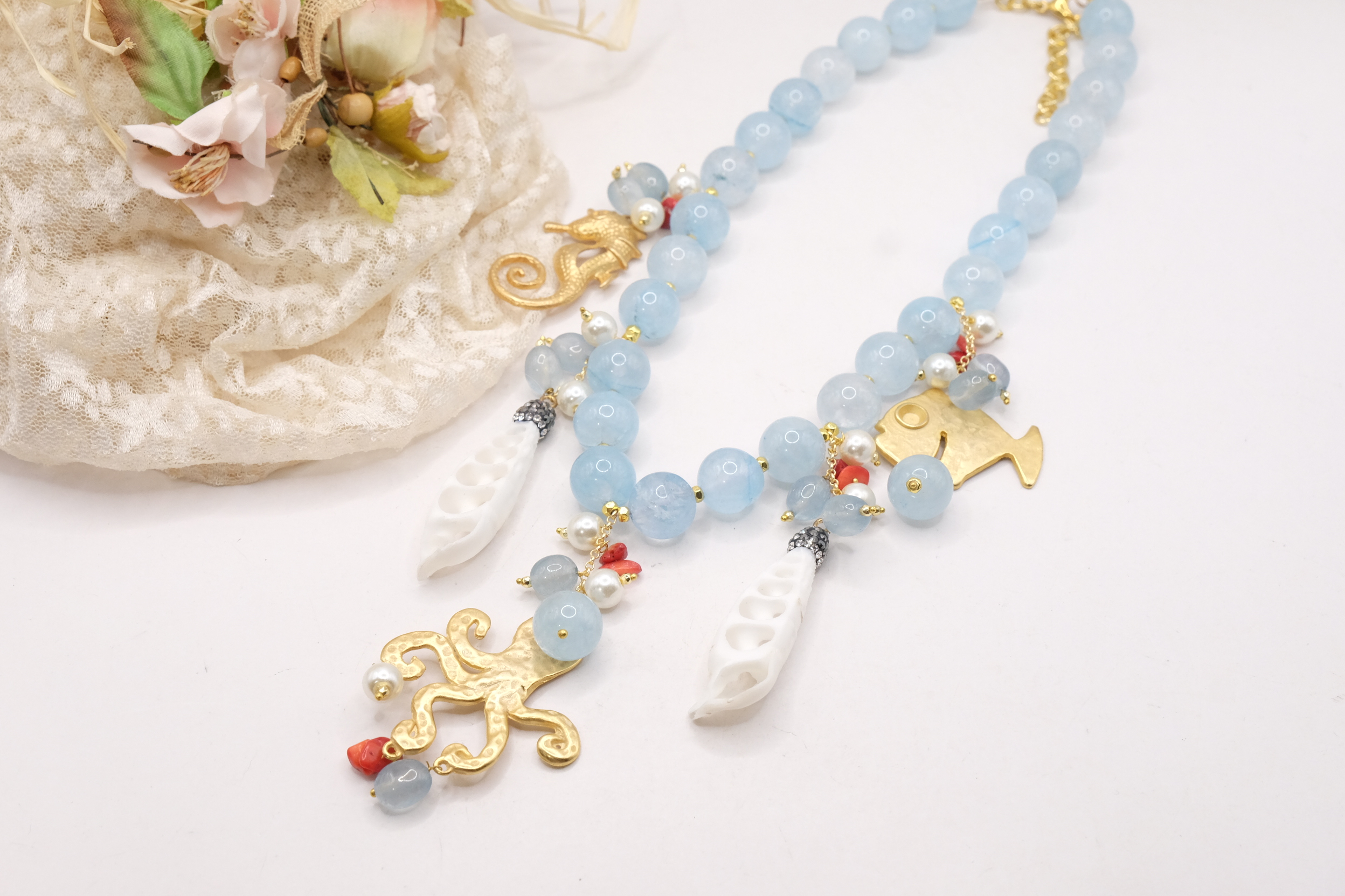 COLLANA GIADA ACQUAMARINA POLPO PESCE CAVALLUCCIO PERLE CORALLO ARTIGIANALE (3)