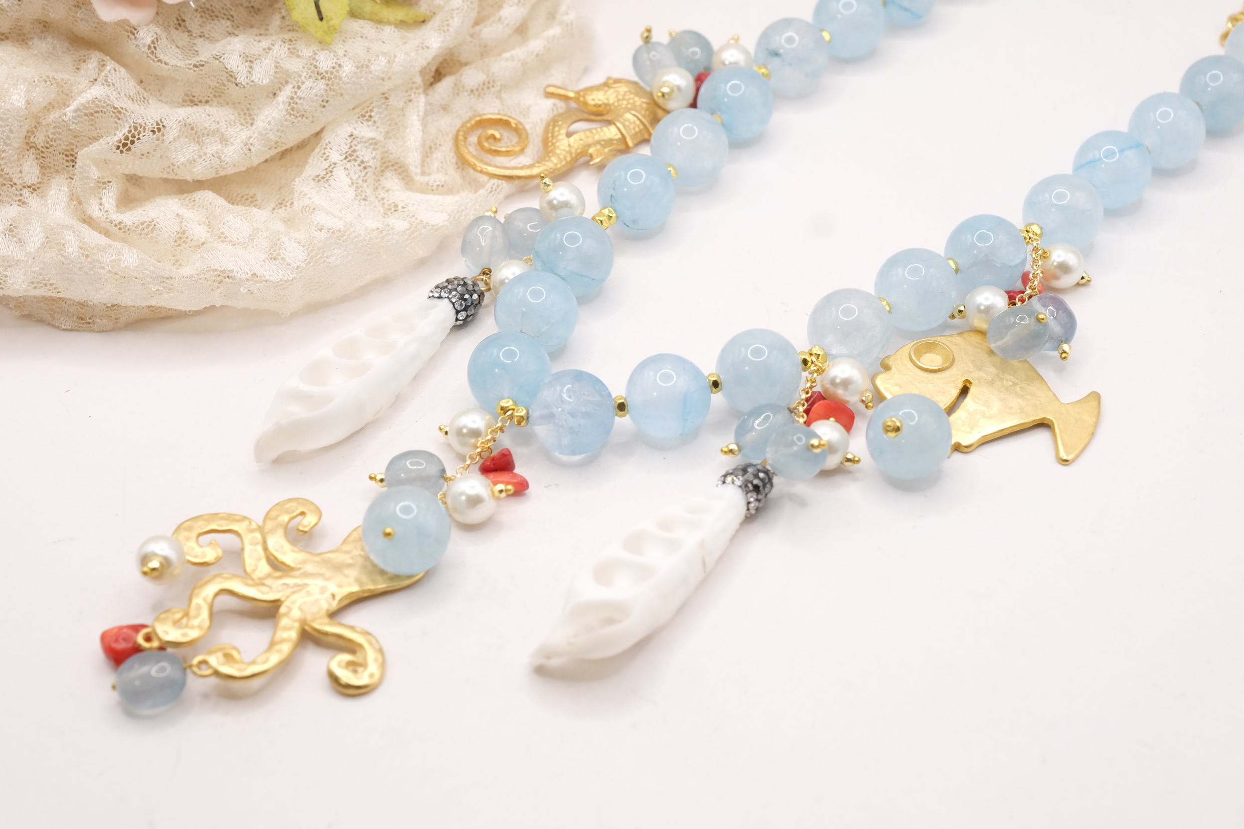 COLLANA GIADA ACQUAMARINA POLPO PESCE CAVALLUCCIO PERLE CORALLO ARTIGIANALE (4)