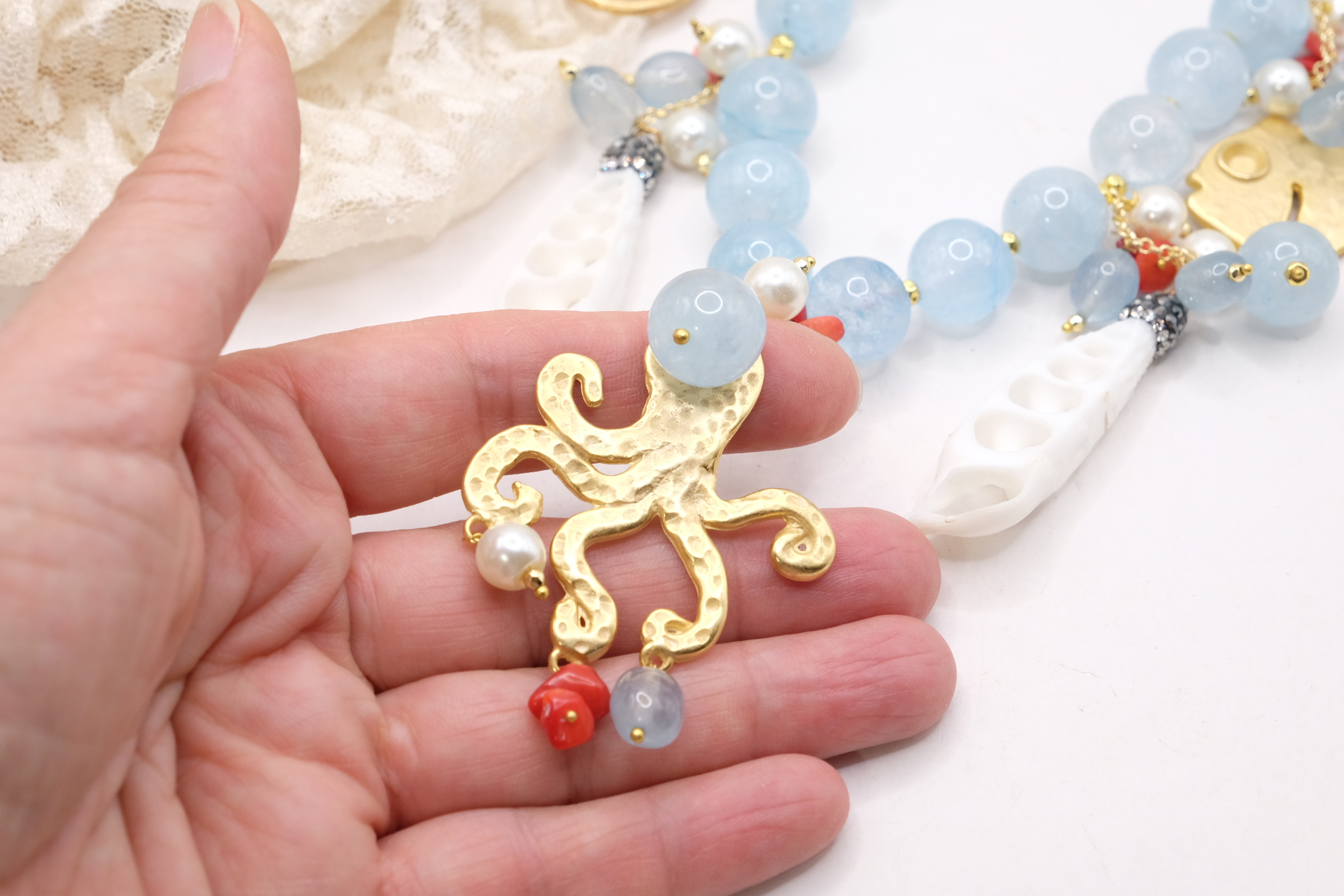 COLLANA GIADA ACQUAMARINA POLPO PESCE CAVALLUCCIO PERLE CORALLO ARTIGIANALE (5)