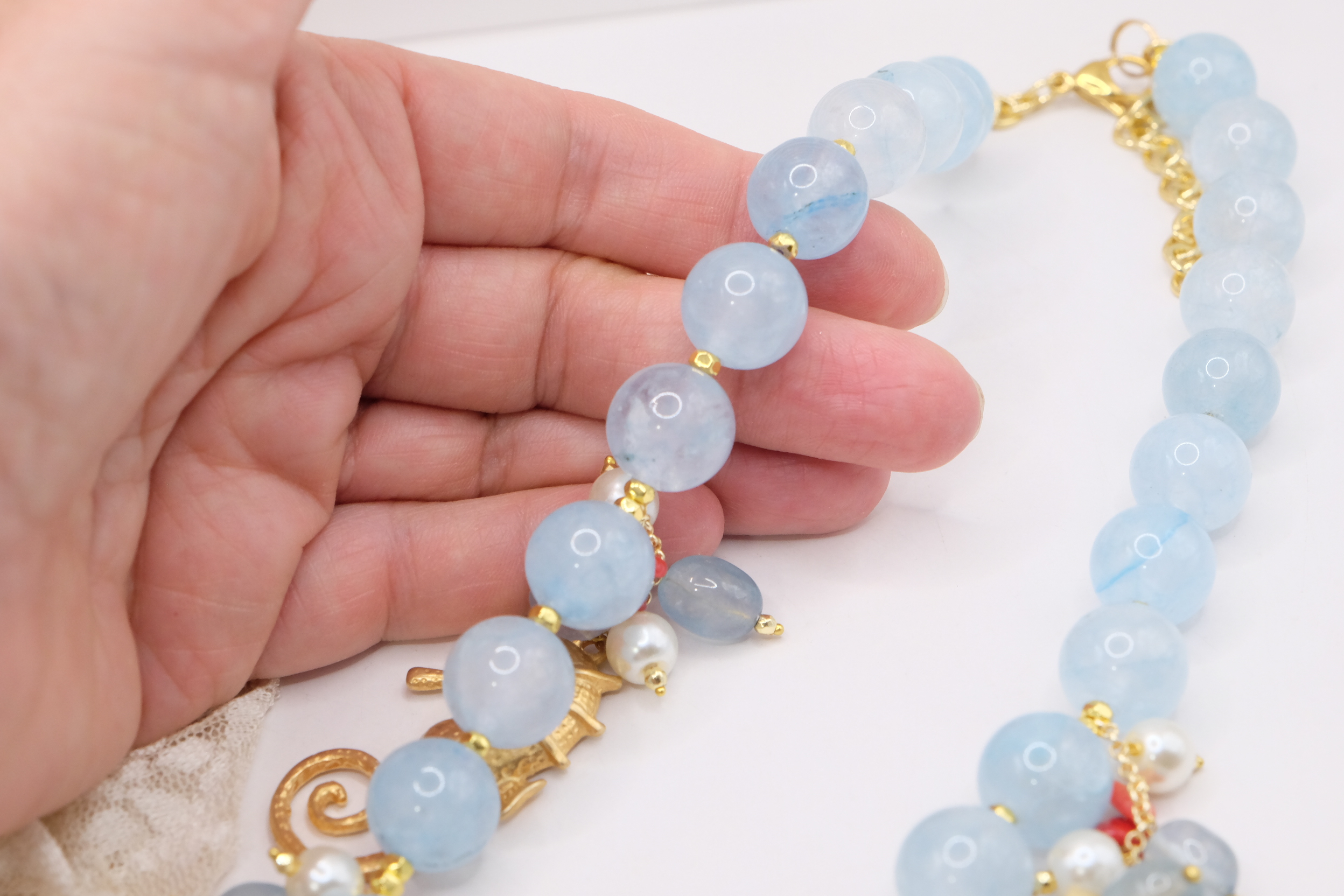 COLLANA GIADA ACQUAMARINA POLPO PESCE CAVALLUCCIO PERLE CORALLO ARTIGIANALE (6)