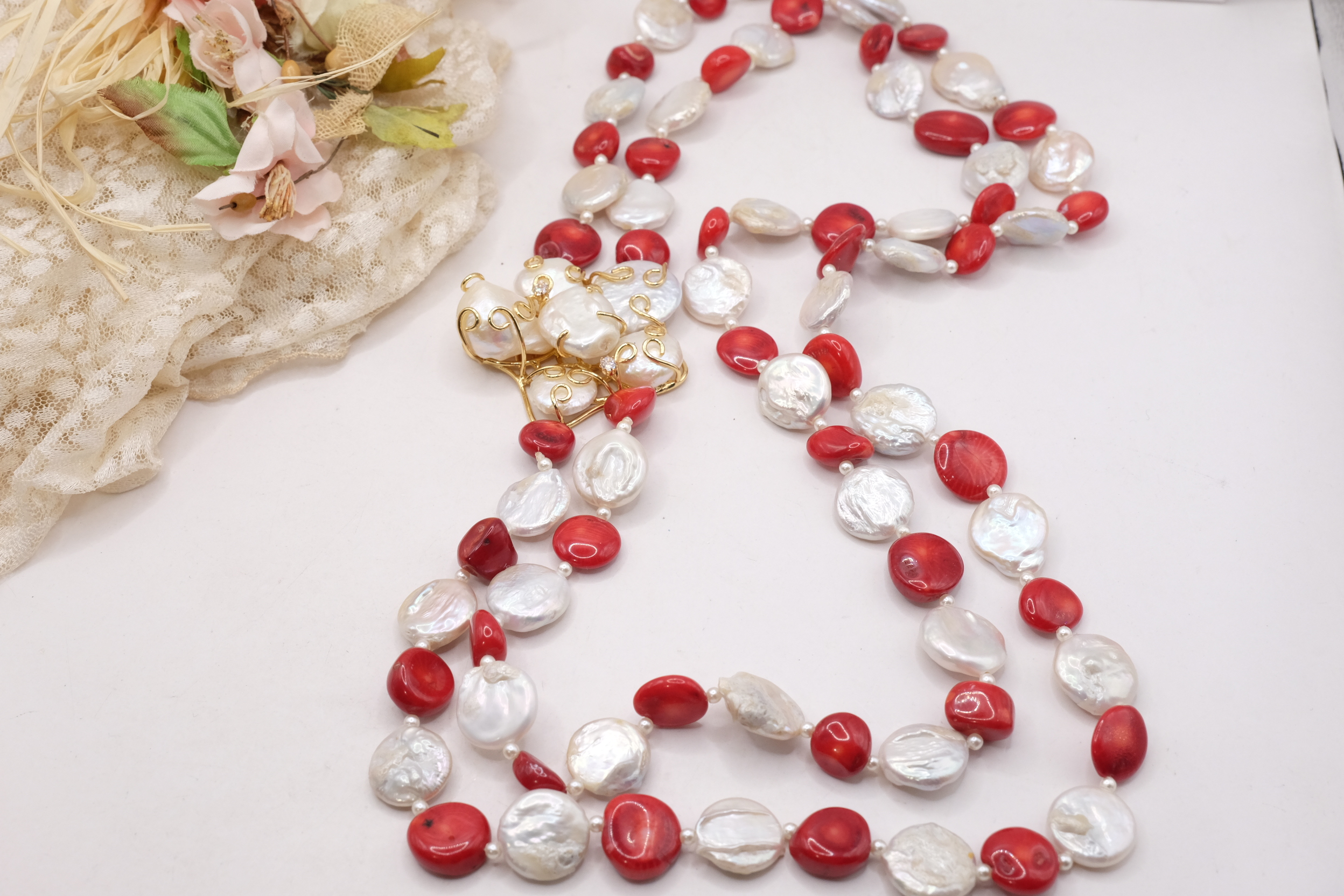 COLLANA LUNGA 2 FILI CORALLO BAMBOO PERLE LATERALE FIORE DI PERLE (1)