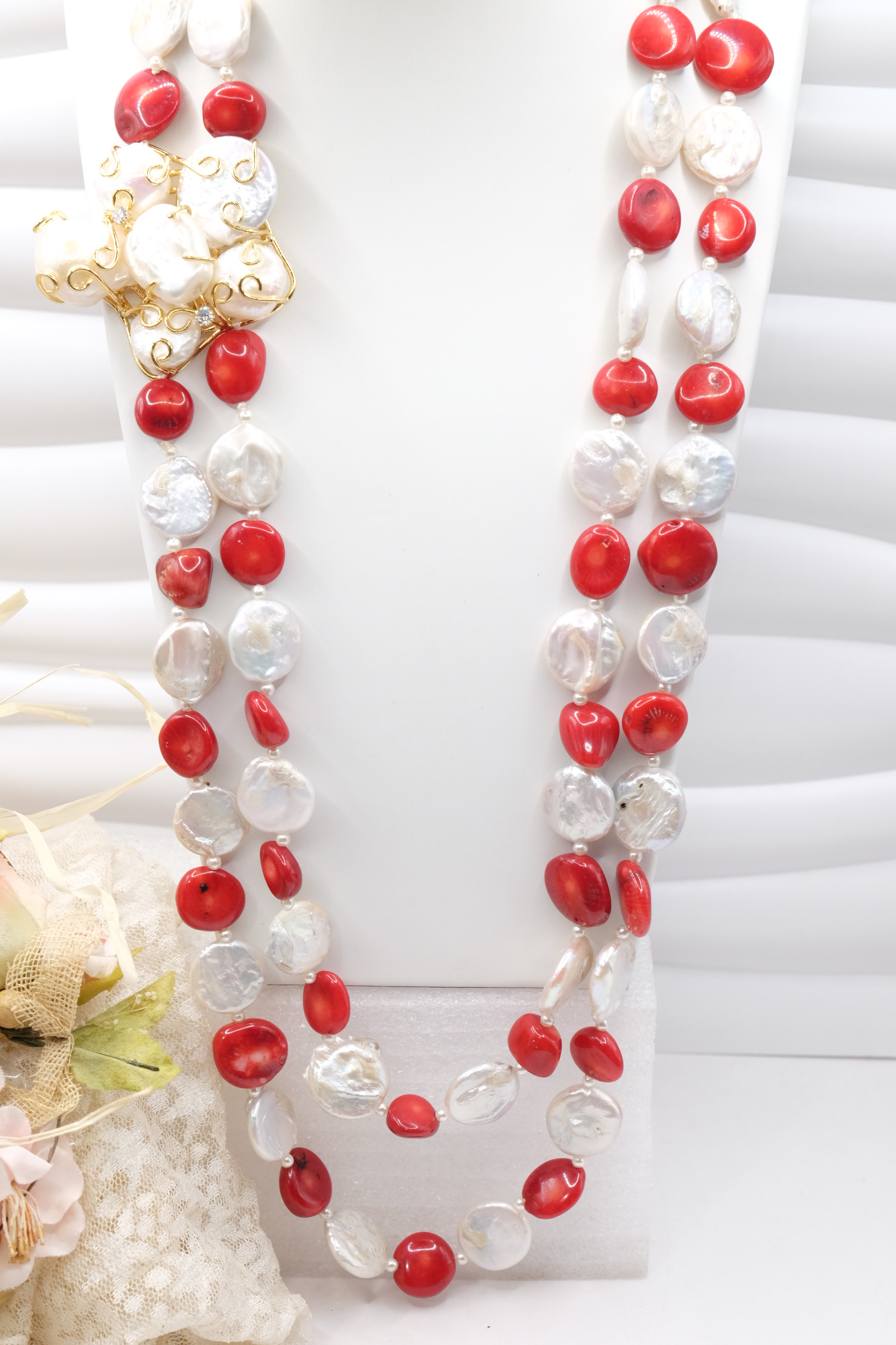 COLLANA LUNGA 2 FILI CORALLO BAMBOO PERLE LATERALE FIORE DI PERLE (2)