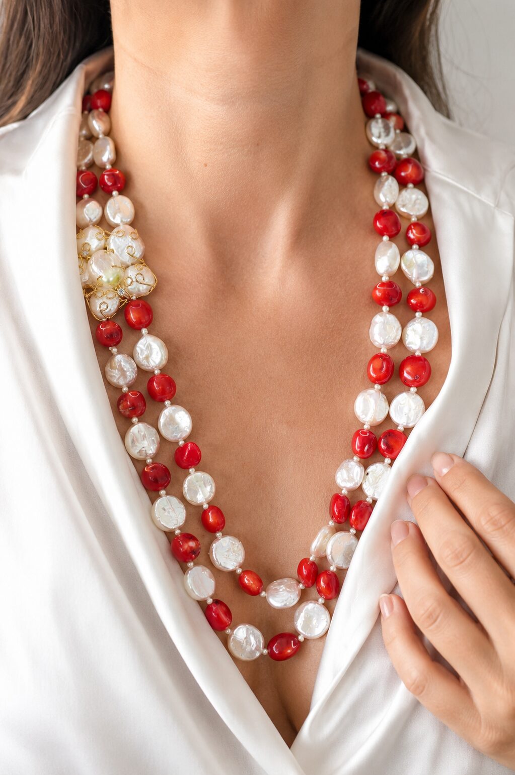 COLLANA LUNGA 2 FILI CORALLO BAMBOO PERLE LATERALE FIORE DI PERLE (5)
