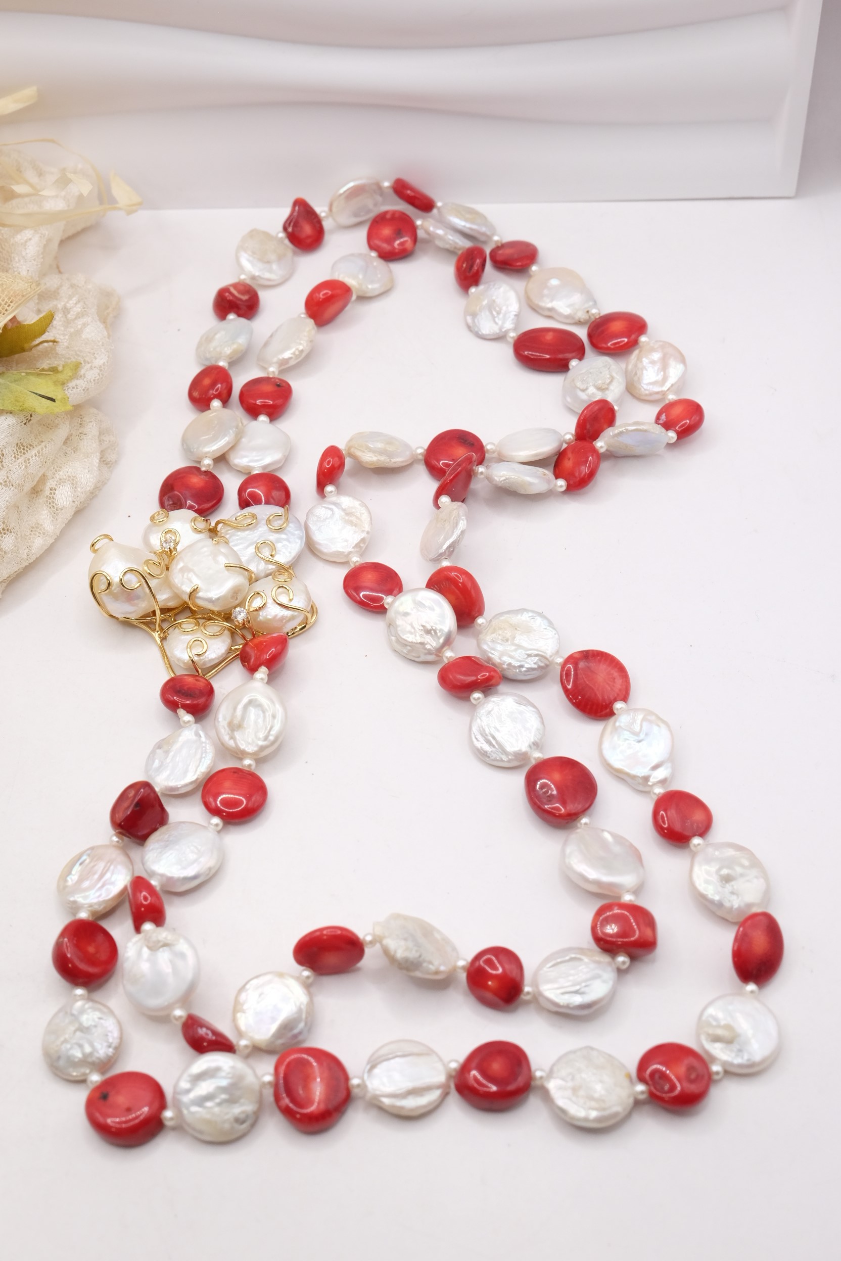 COLLANA LUNGA 2 FILI CORALLO BAMBOO PERLE LATERALE FIORE DI PERLE (6)
