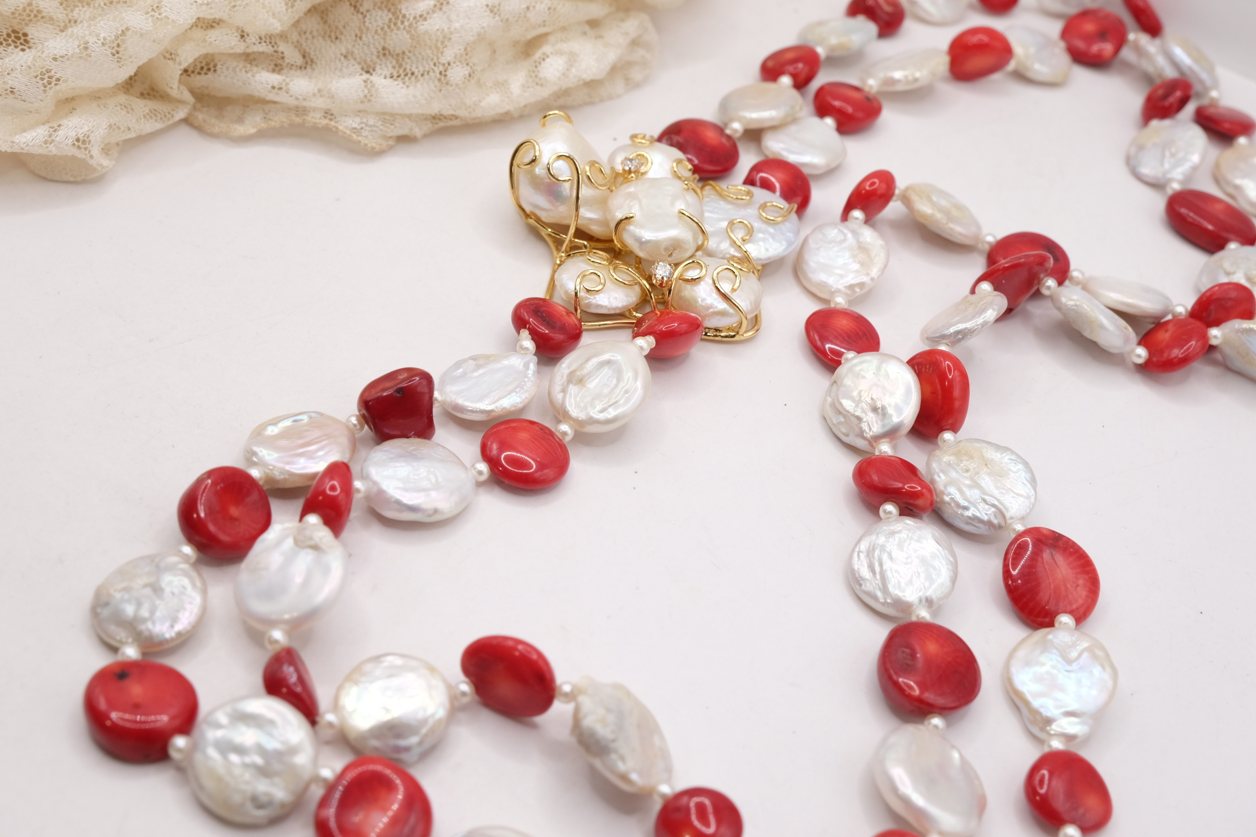 COLLANA LUNGA 2 FILI CORALLO BAMBOO PERLE LATERALE FIORE DI PERLE (7)