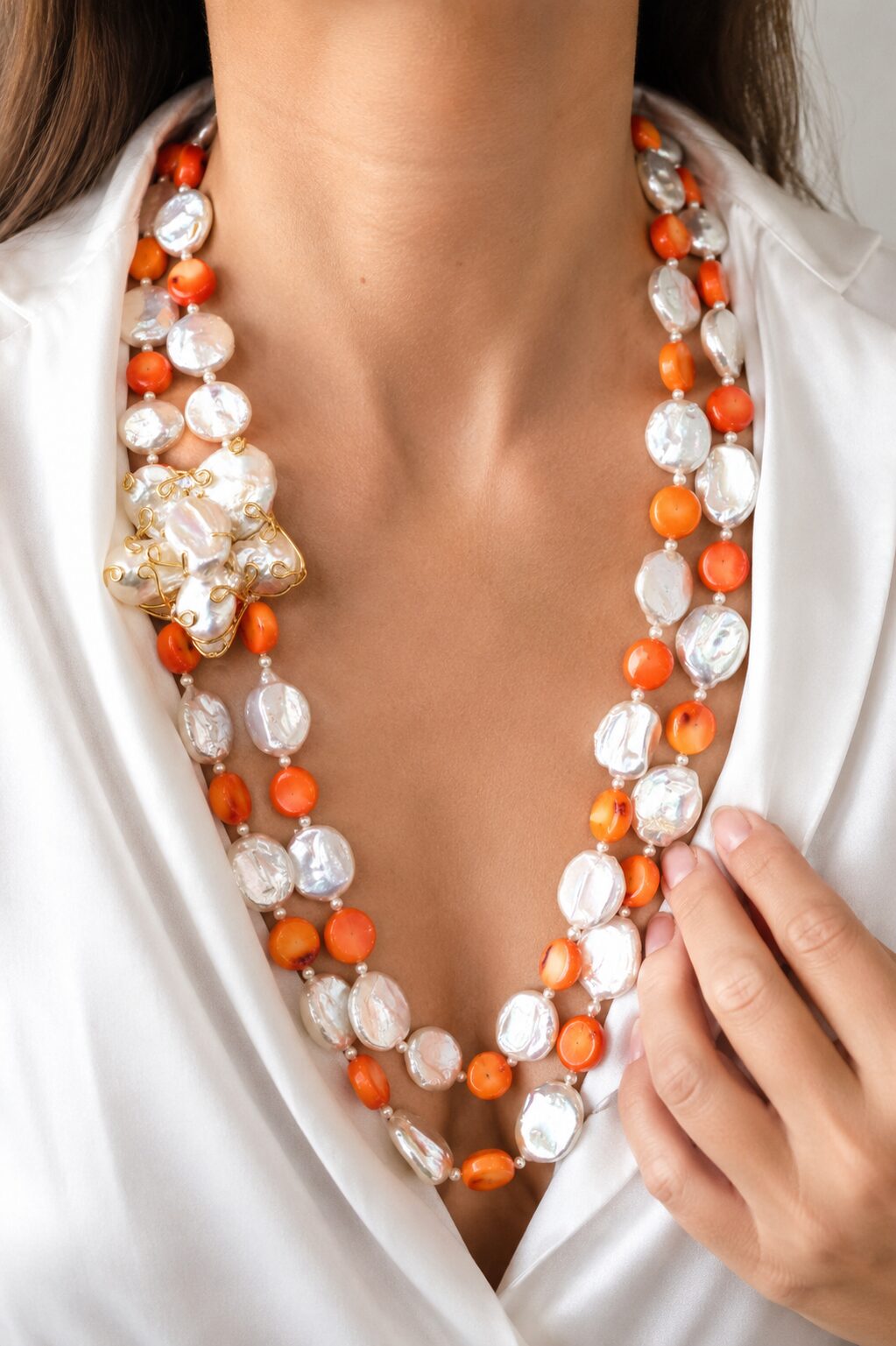 COLLANA LUNGA 2 FILI CORALLO BAMBOO SALMONE PERLE LATERALE FIORE DI PERLE (2)