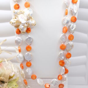 Collana Multifilo Lunga Corallo Bamboo Salmone Perle Tessito