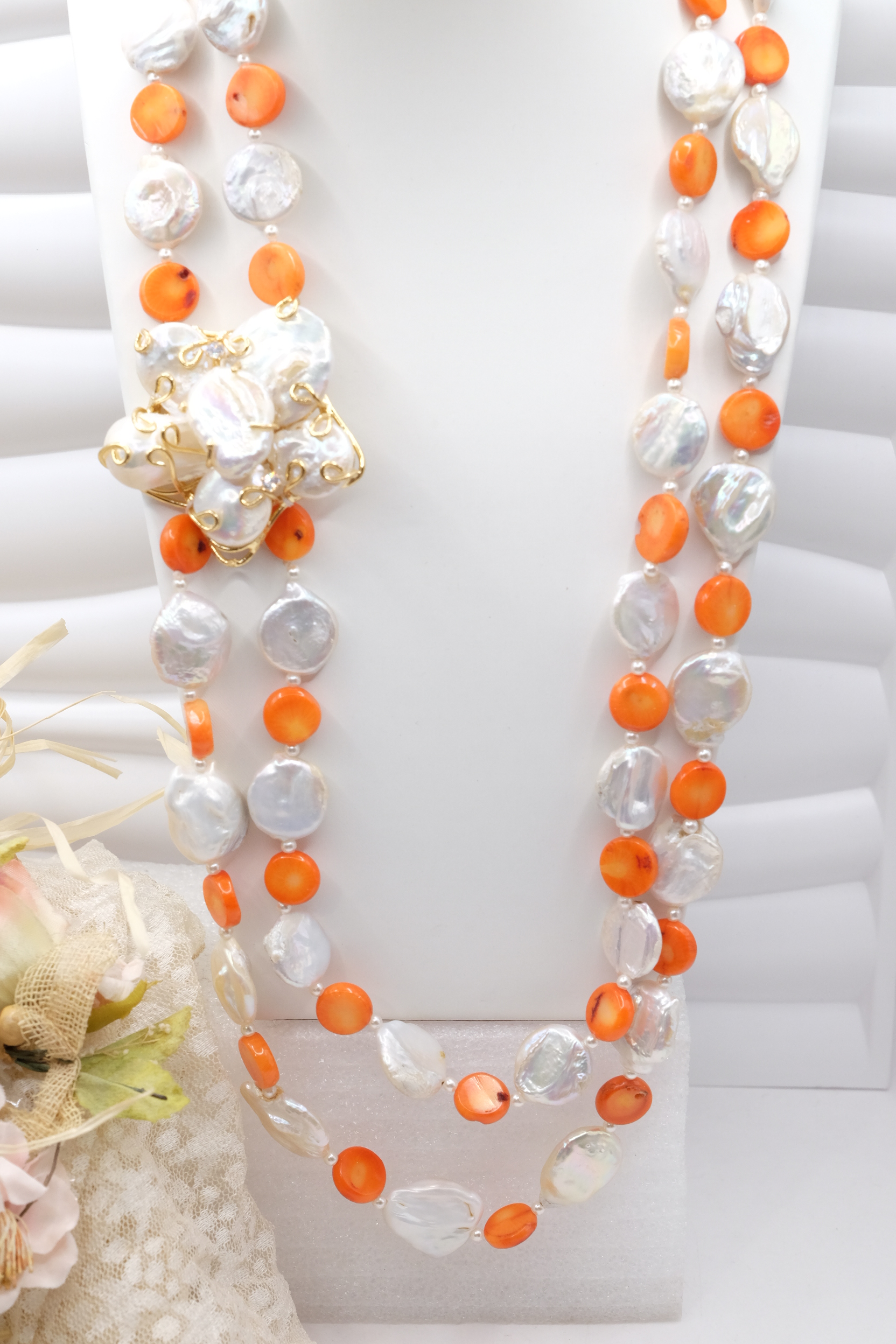 COLLANA LUNGA 2 FILI CORALLO BAMBOO SALMONE PERLE LATERALE FIORE DI PERLE (2)