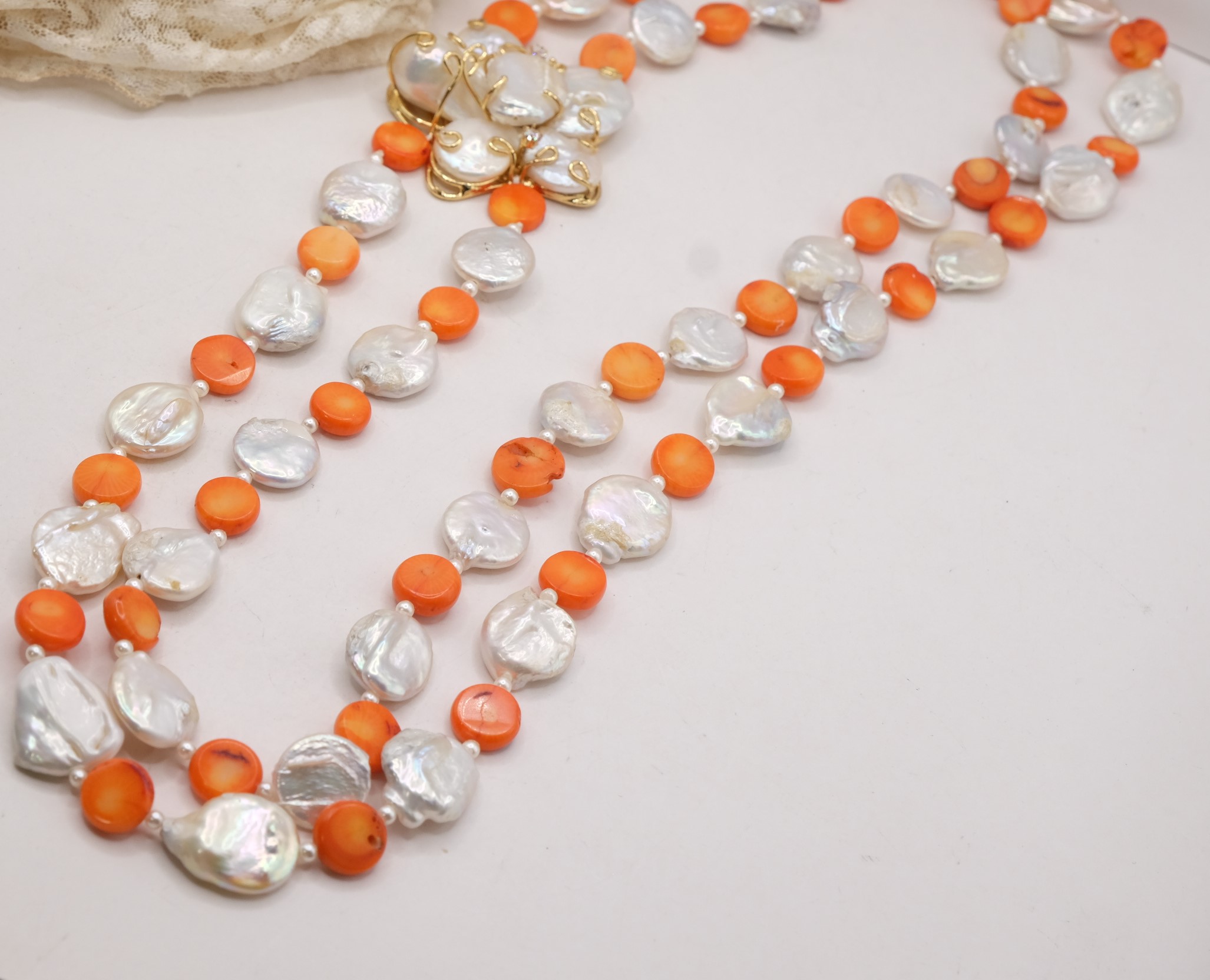 COLLANA LUNGA 2 FILI CORALLO BAMBOO SALMONE PERLE LATERALE FIORE DI PERLE (4)