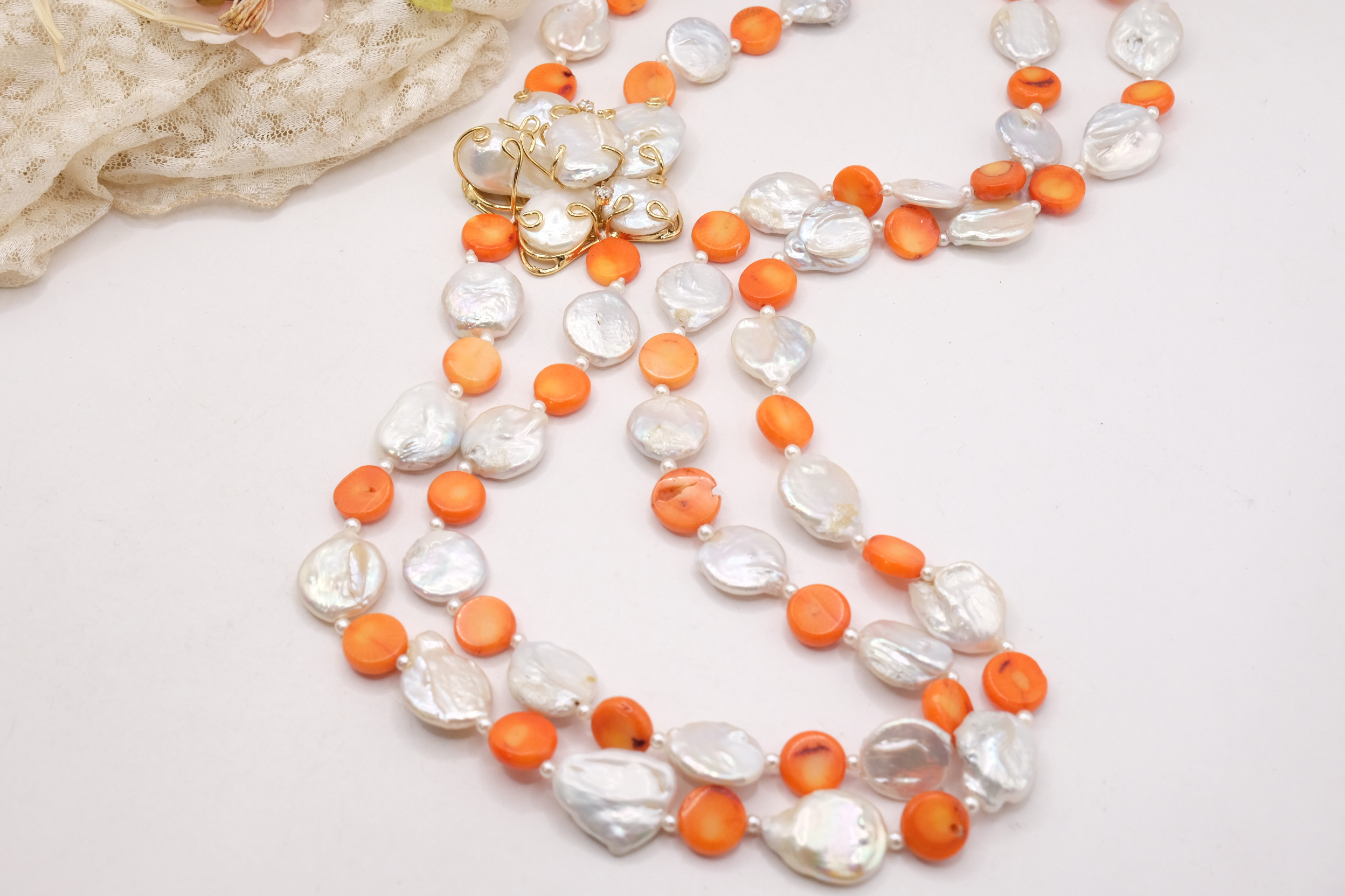 COLLANA LUNGA 2 FILI CORALLO BAMBOO SALMONE PERLE LATERALE FIORE DI PERLE (7)