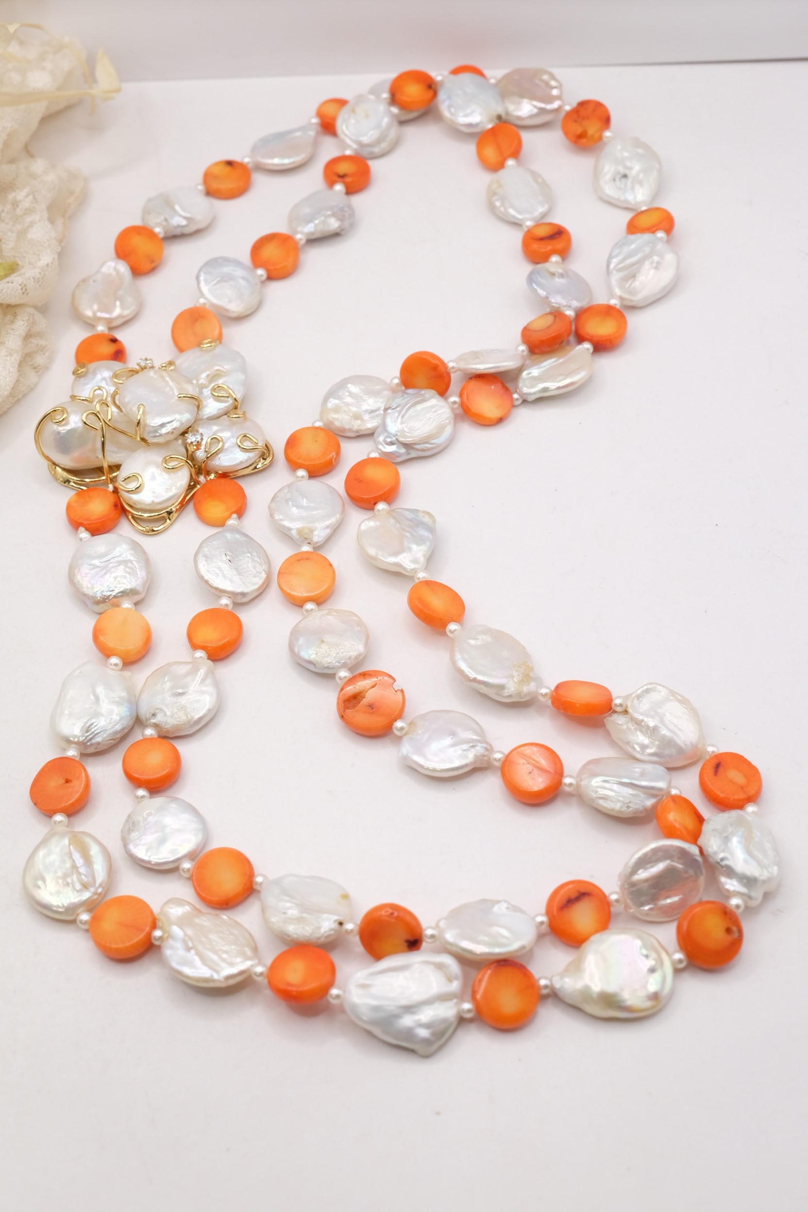 COLLANA LUNGA 2 FILI CORALLO BAMBOO SALMONE PERLE LATERALE FIORE DI PERLE (8)