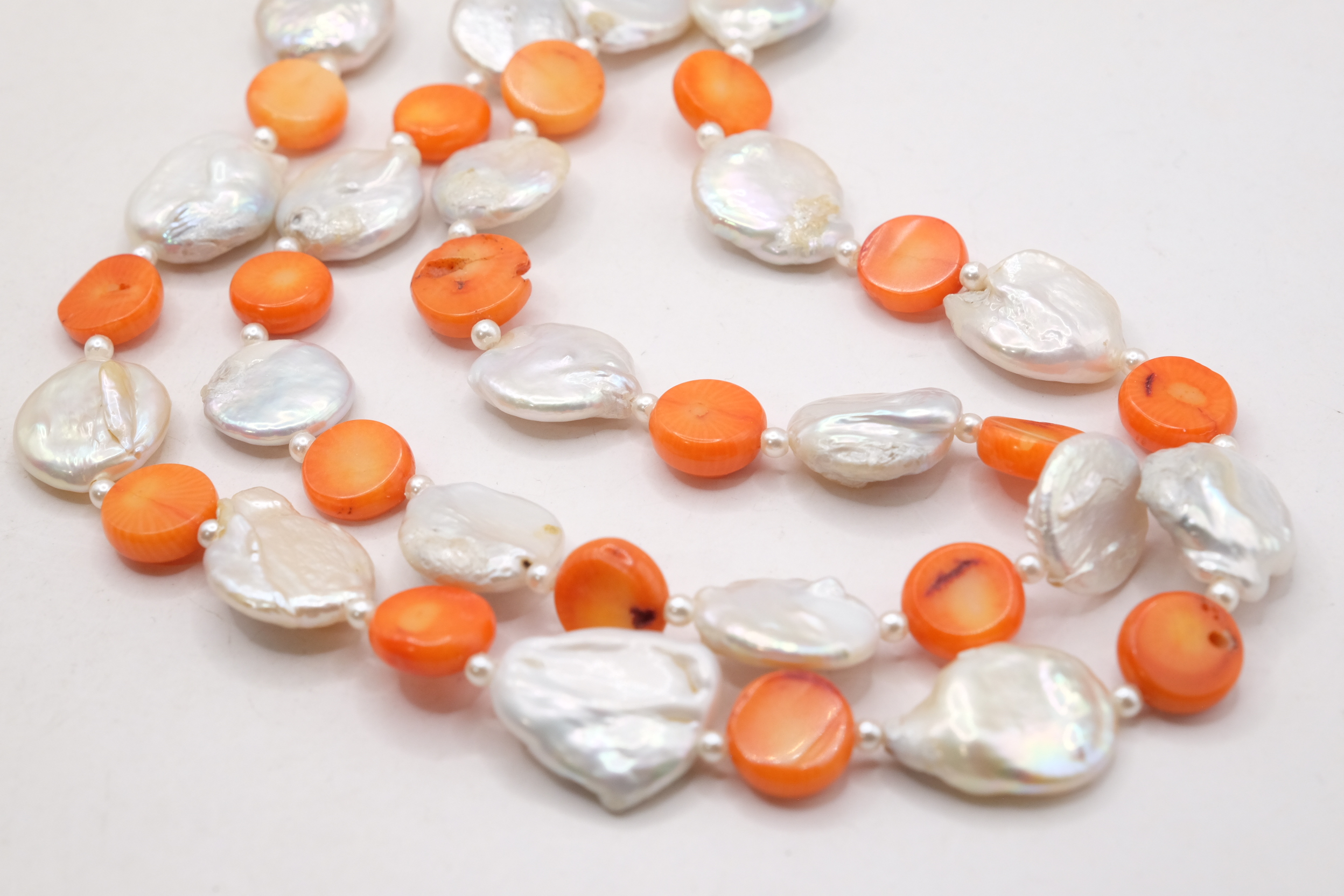 COLLANA LUNGA 2 FILI CORALLO BAMBOO SALMONE PERLE LATERALE FIORE DI PERLE (9)