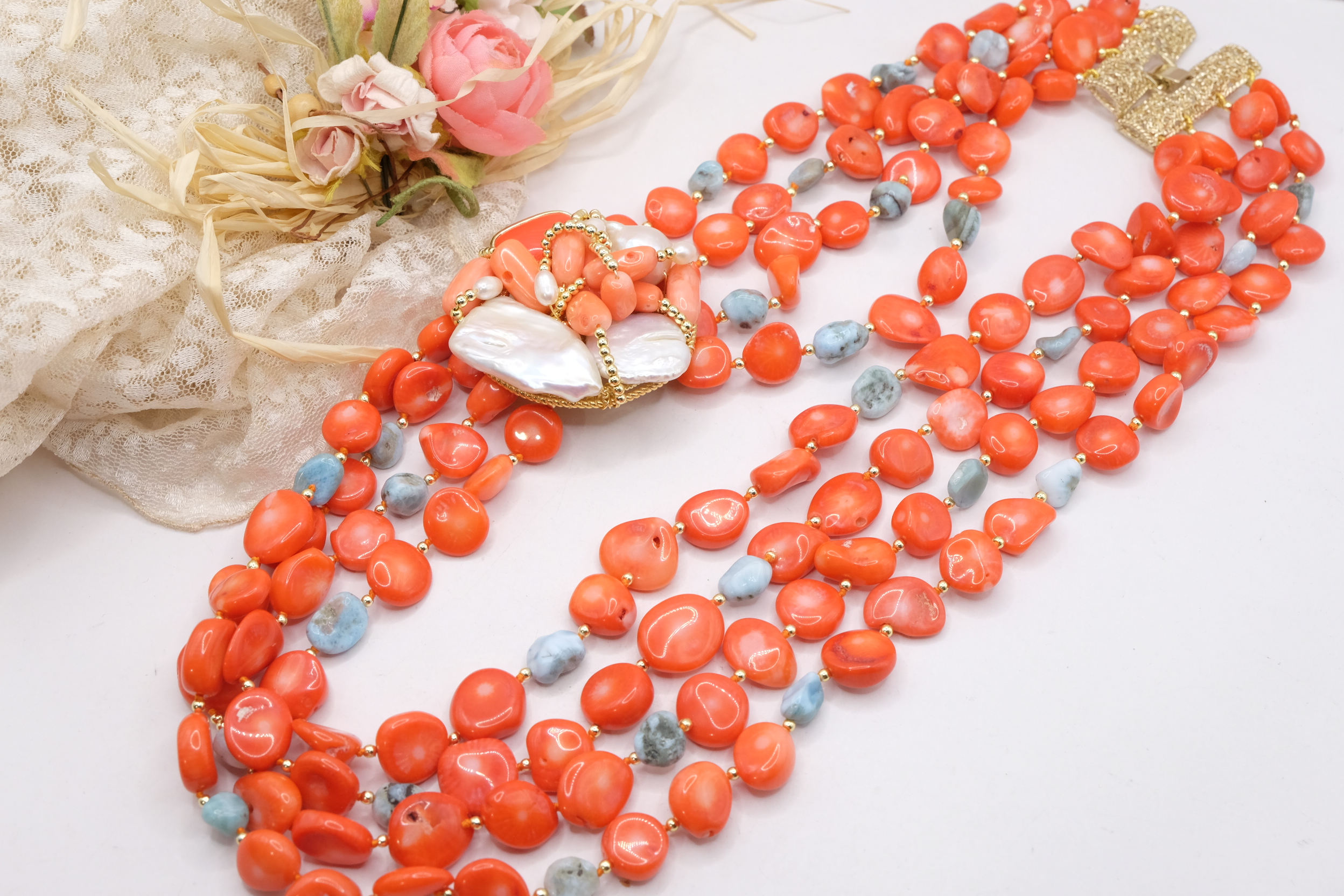 COLLANA MULTIFILO CORALLO BAMBOO LARIMAR PERLE TESSITO ARTIGIANALE (1)