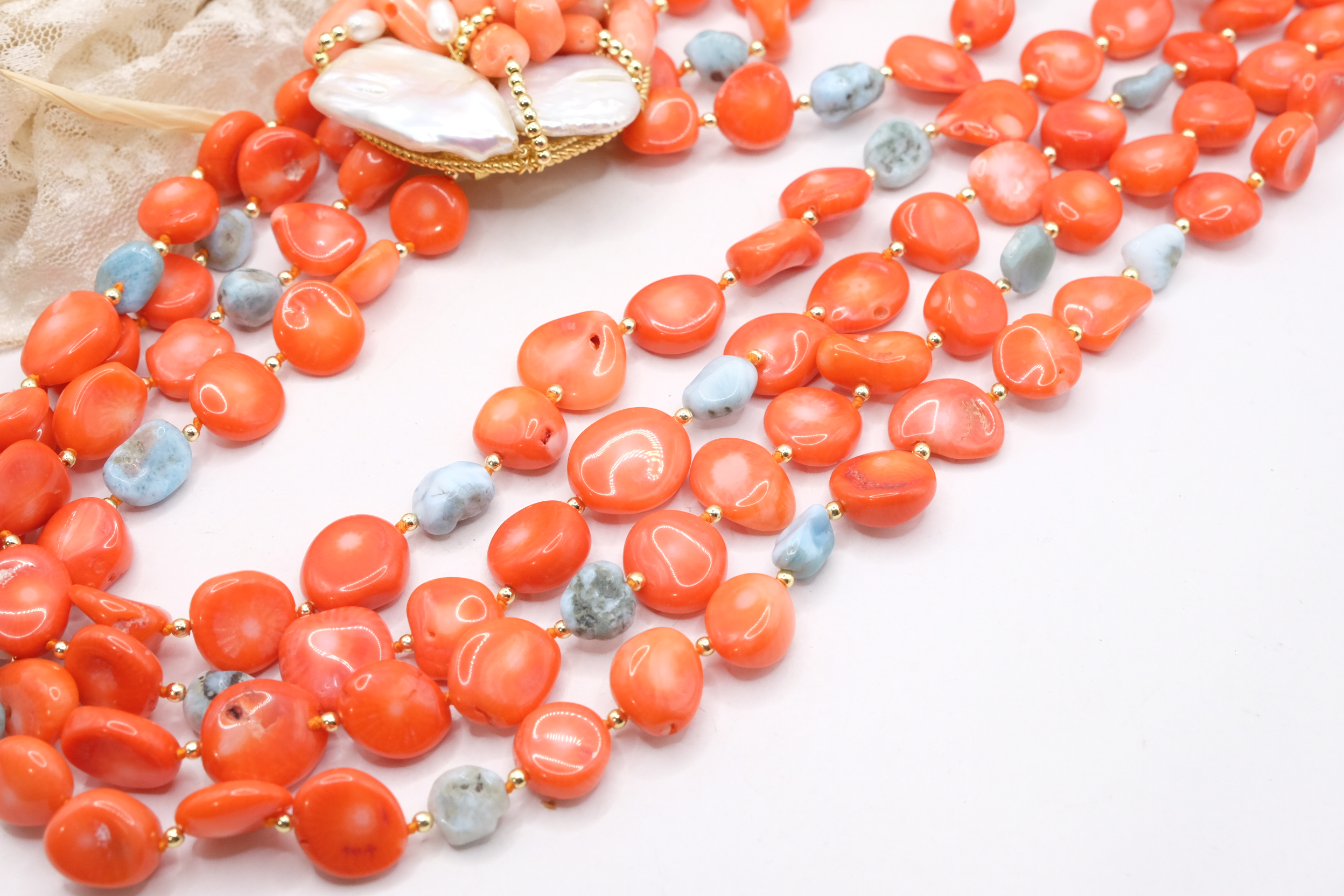 COLLANA MULTIFILO CORALLO BAMBOO LARIMAR PERLE TESSITO ARTIGIANALE (2)