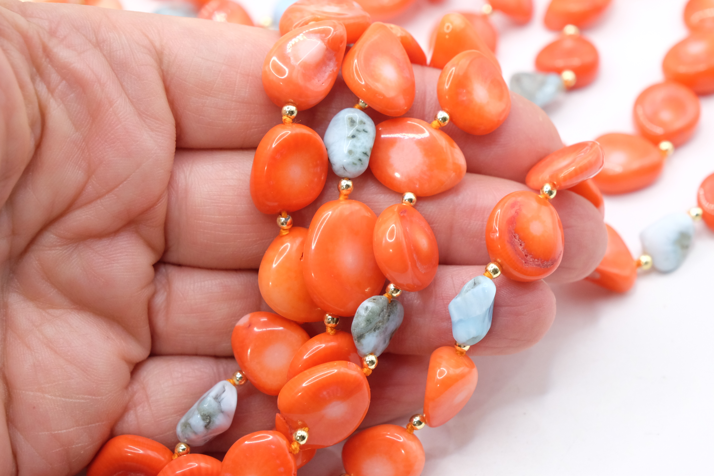 COLLANA MULTIFILO CORALLO BAMBOO LARIMAR PERLE TESSITO ARTIGIANALE (5)