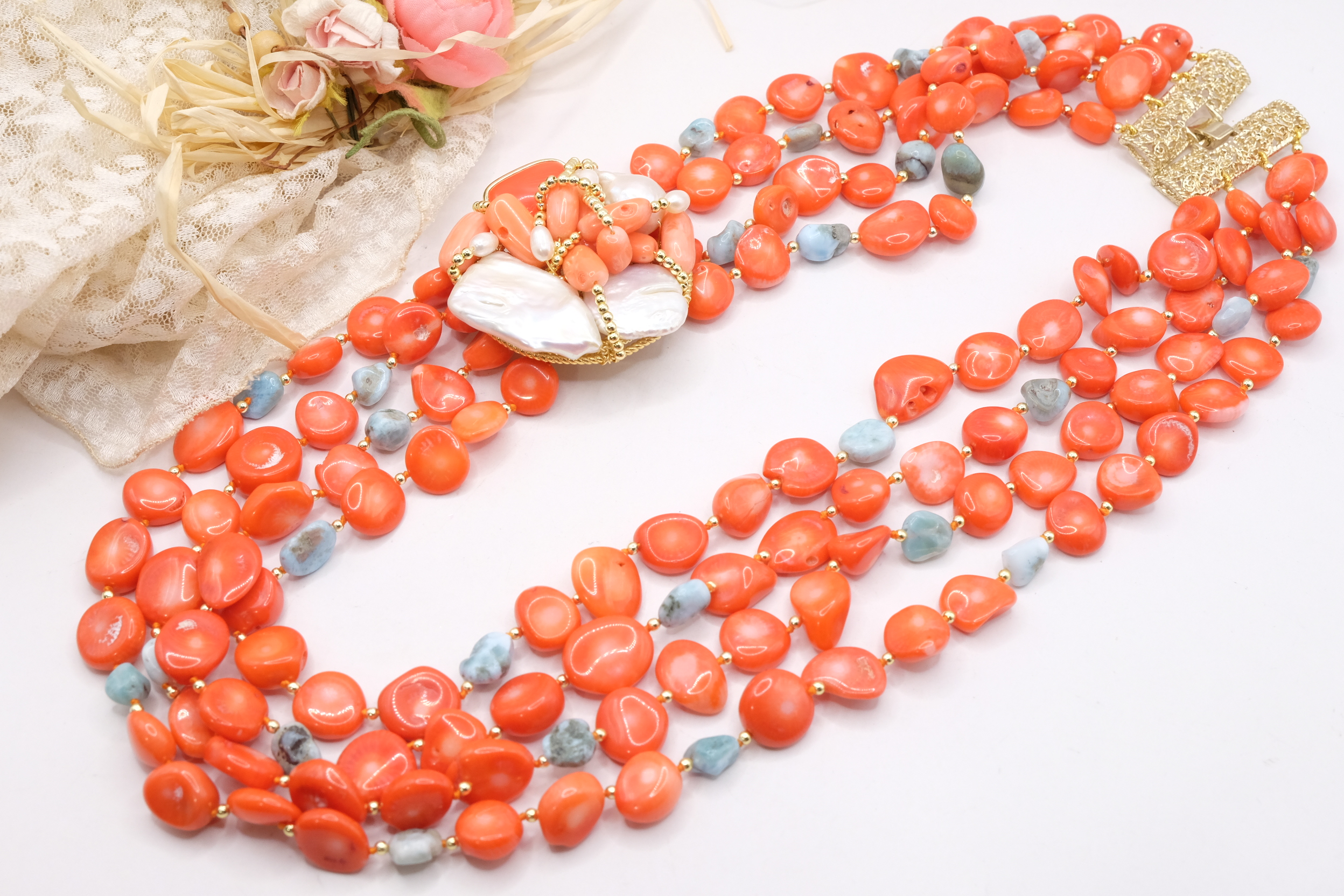 COLLANA MULTIFILO CORALLO BAMBOO LARIMAR PERLE TESSITO ARTIGIANALE (6)