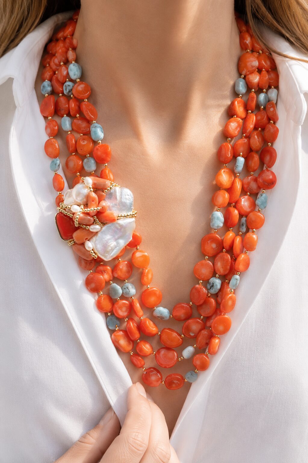 COLLANA MULTIFILO CORALLO BAMBOO LARIMAR PERLE TESSITO ARTIGIANALE (7)