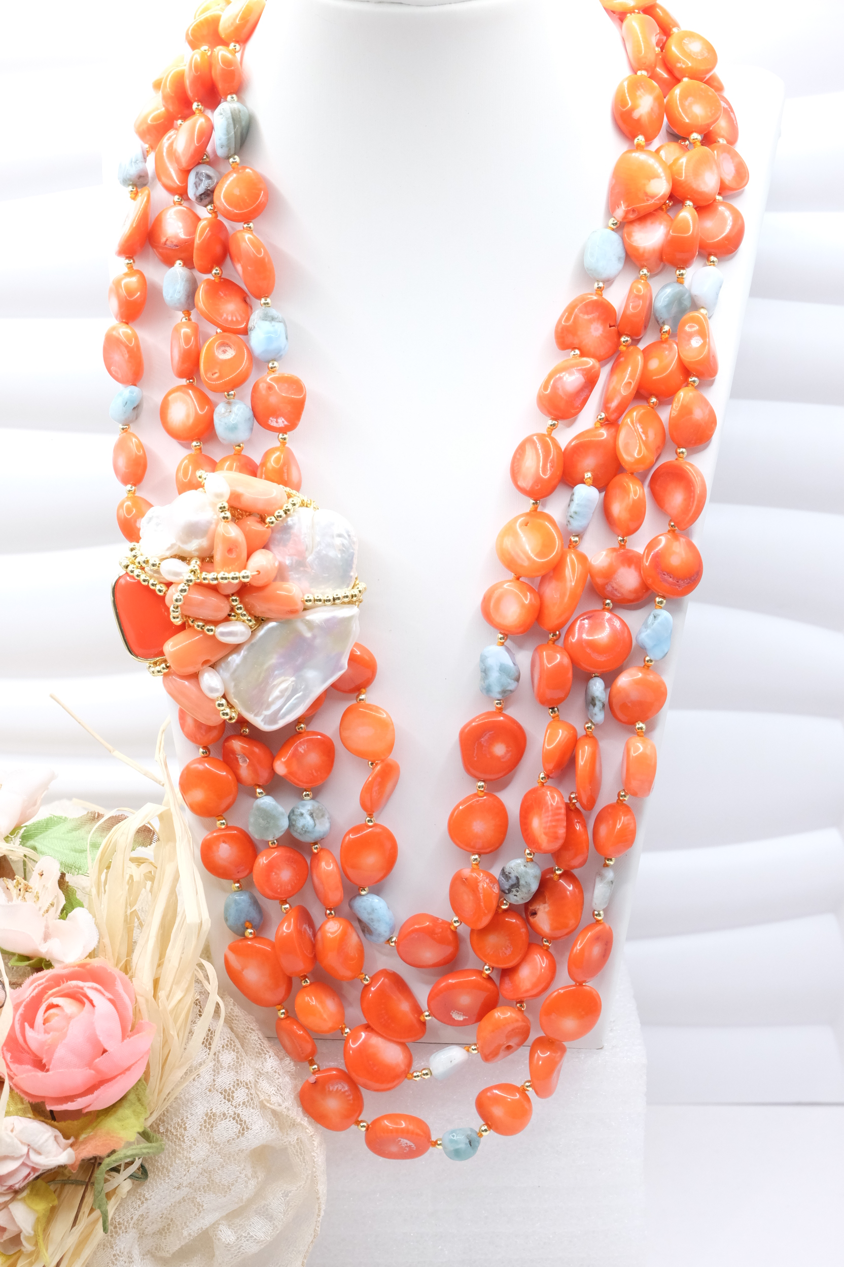 COLLANA MULTIFILO CORALLO BAMBOO LARIMAR PERLE TESSITO ARTIGIANALE (7)