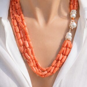 Collana Multifilo 5 Fili Corallo Bamboo Rosa Salmone Perle