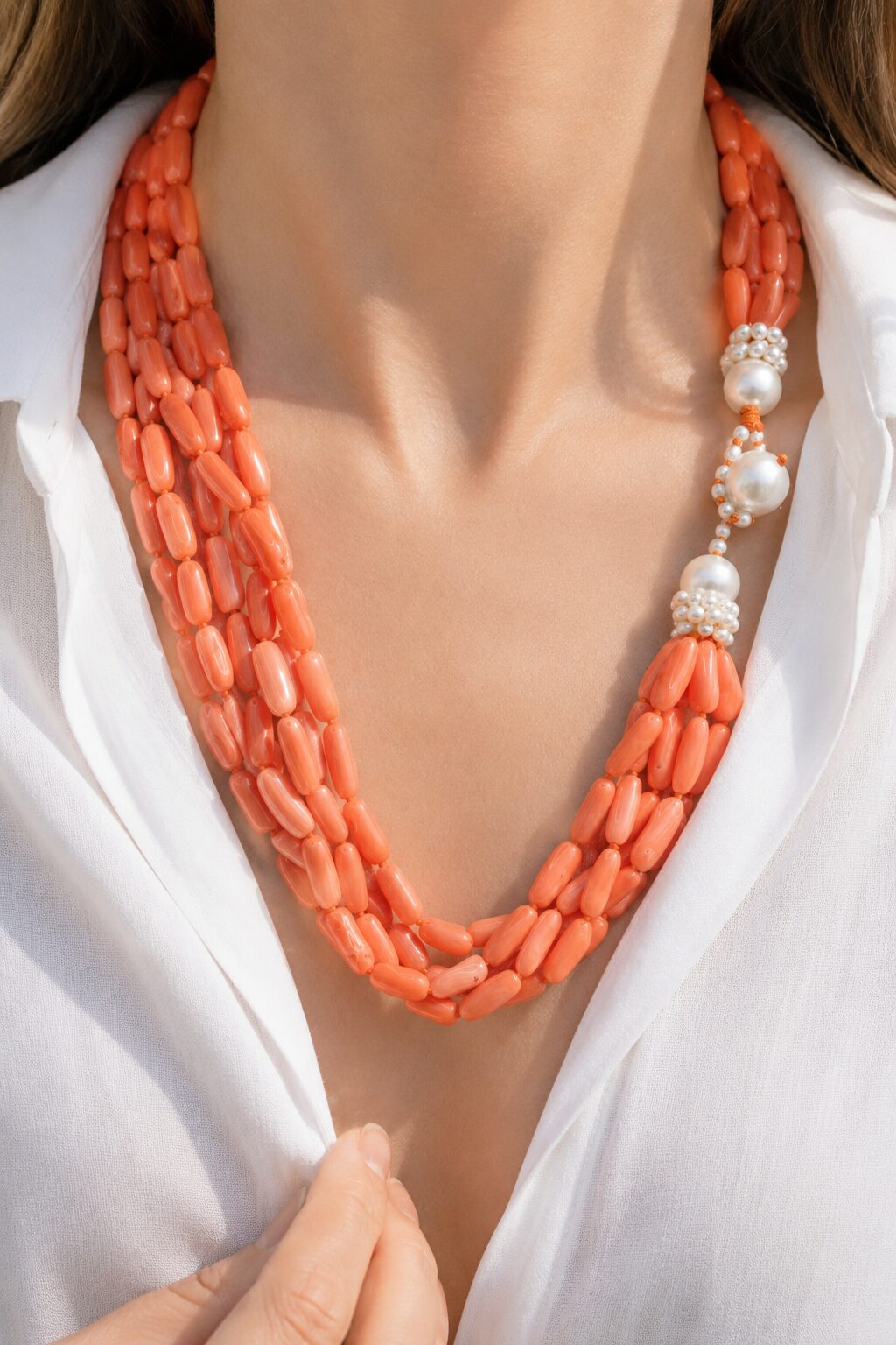 COLLANA-MULTIFILO-CORALLO-BAMBOO-ROSA-SALMONE-PERLE-NATURALI