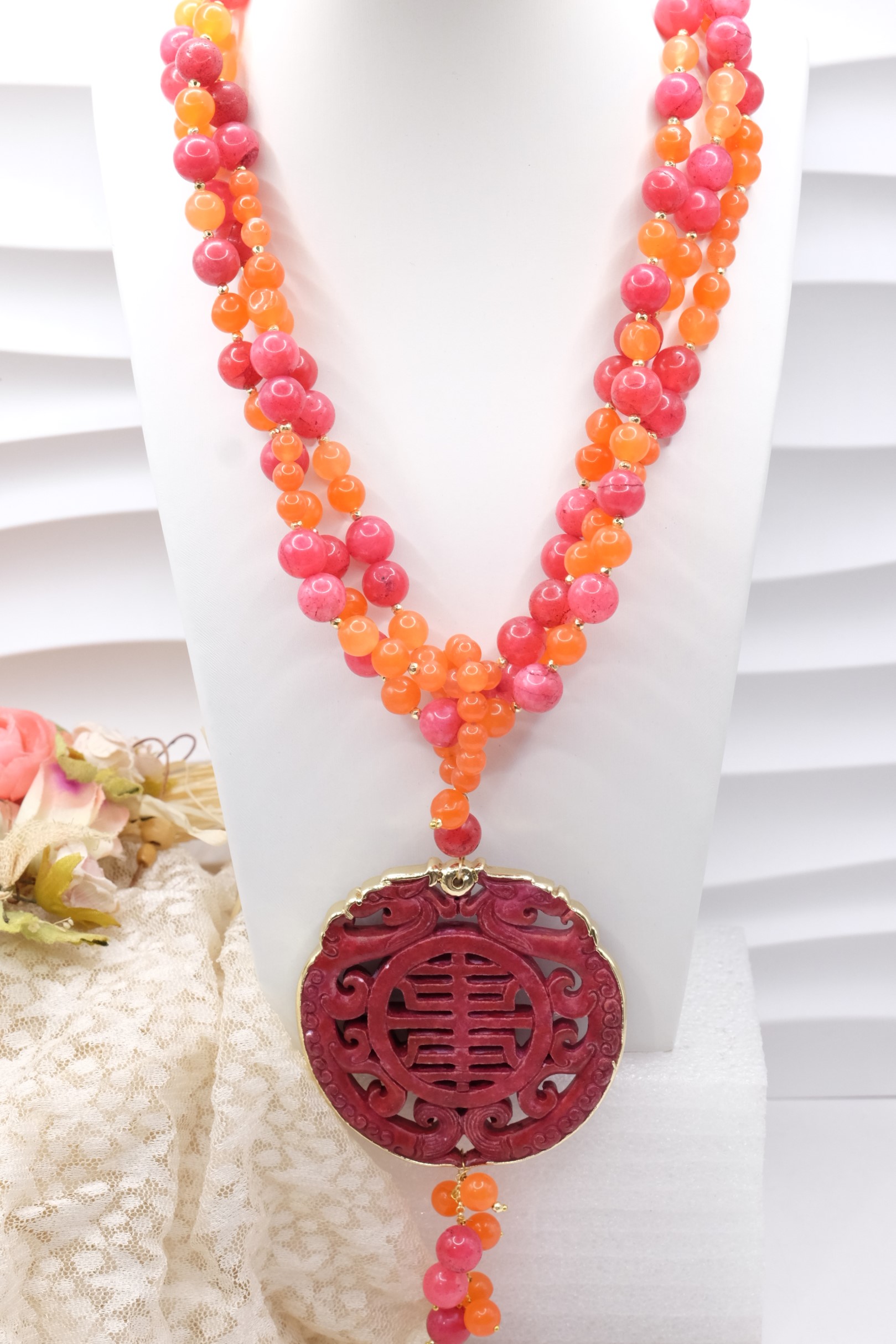 COLLANA MULTIFILO MANDALA GIADA ARANCIO FUXIA ARTIGIANALE (2)