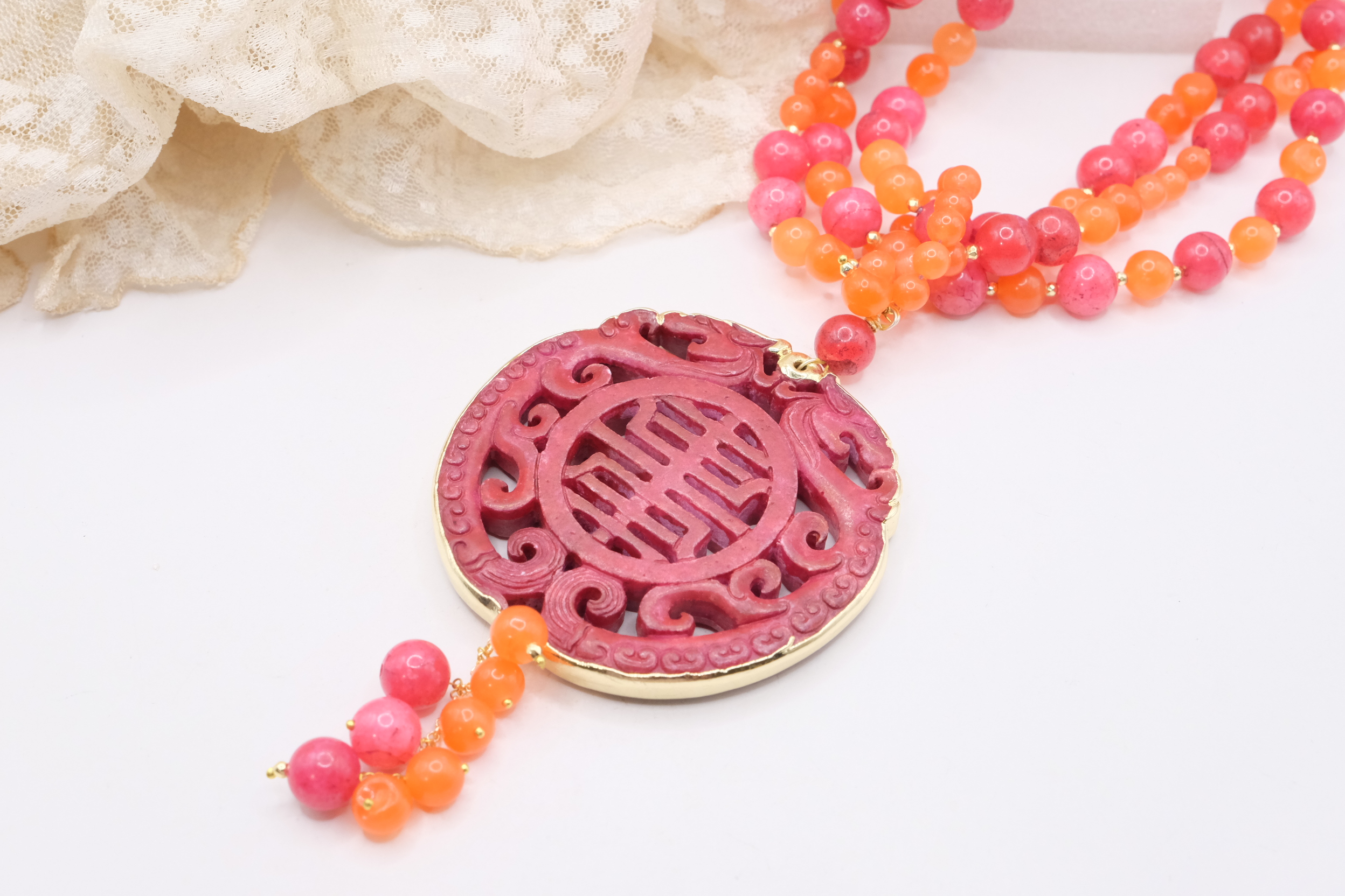 COLLANA MULTIFILO MANDALA GIADA ARANCIO FUXIA ARTIGIANALE (3)