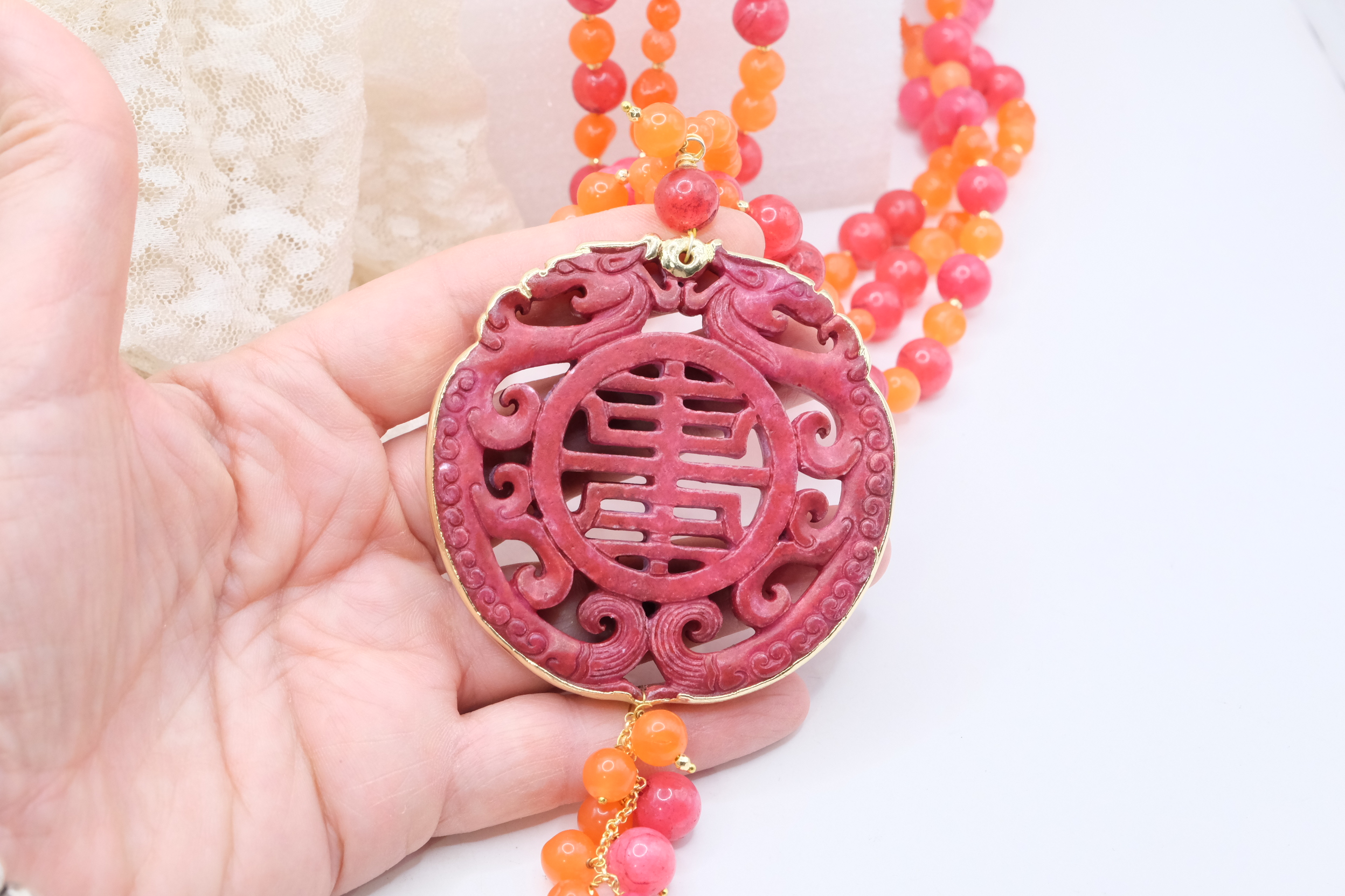 COLLANA MULTIFILO MANDALA GIADA ARANCIO FUXIA ARTIGIANALE (4)