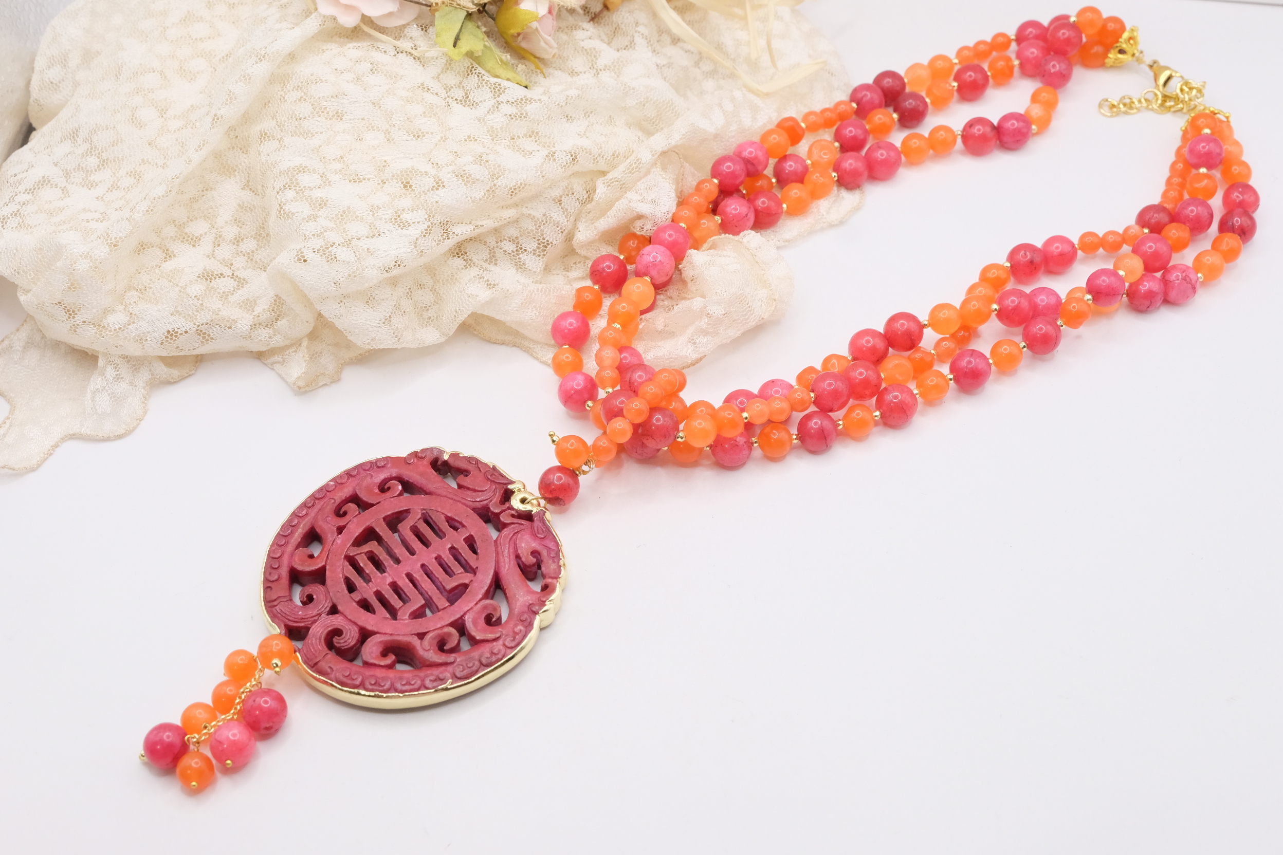 COLLANA MULTIFILO MANDALA GIADA ARANCIO FUXIA ARTIGIANALE (5)