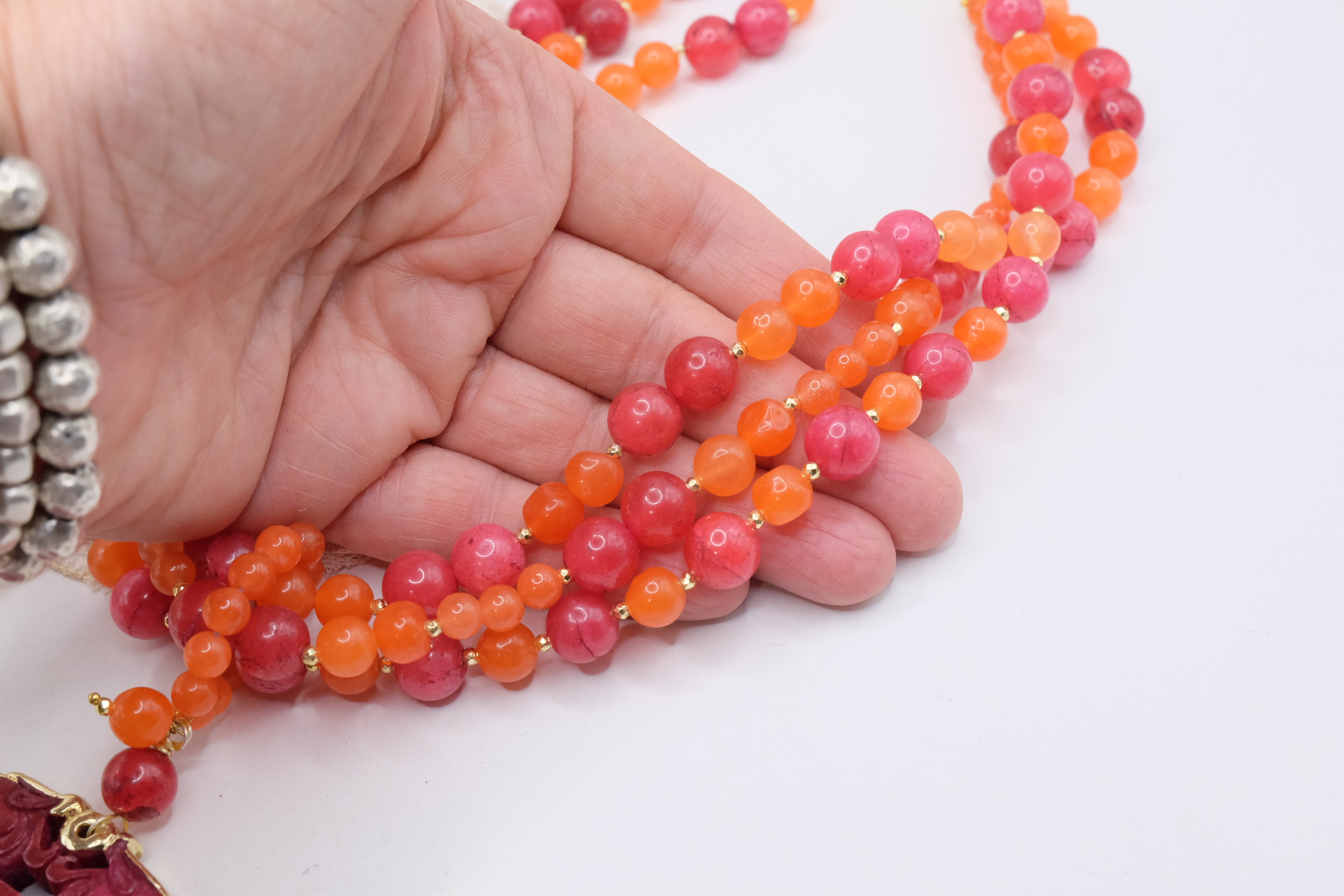 COLLANA MULTIFILO MANDALA GIADA ARANCIO FUXIA ARTIGIANALE (6)