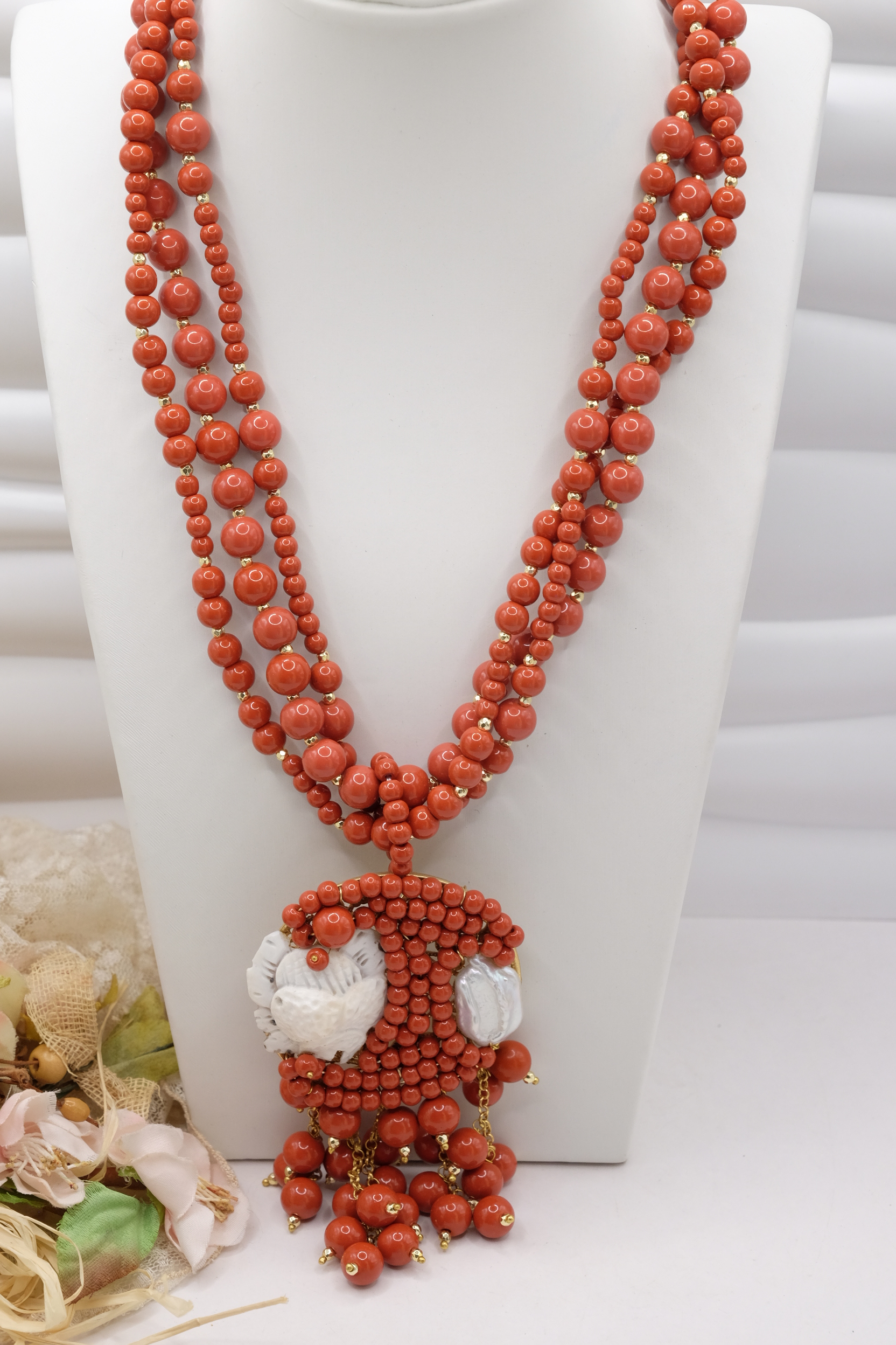 COLLANA MULTIFILO PASTA DI CORALLO PERLE CAMMEO DI TORRE DEL GRECO (2)