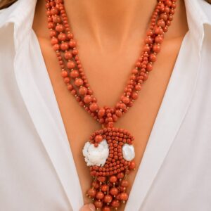 Collana multifilo pasta di corallo perla cammeo Torre del Greco