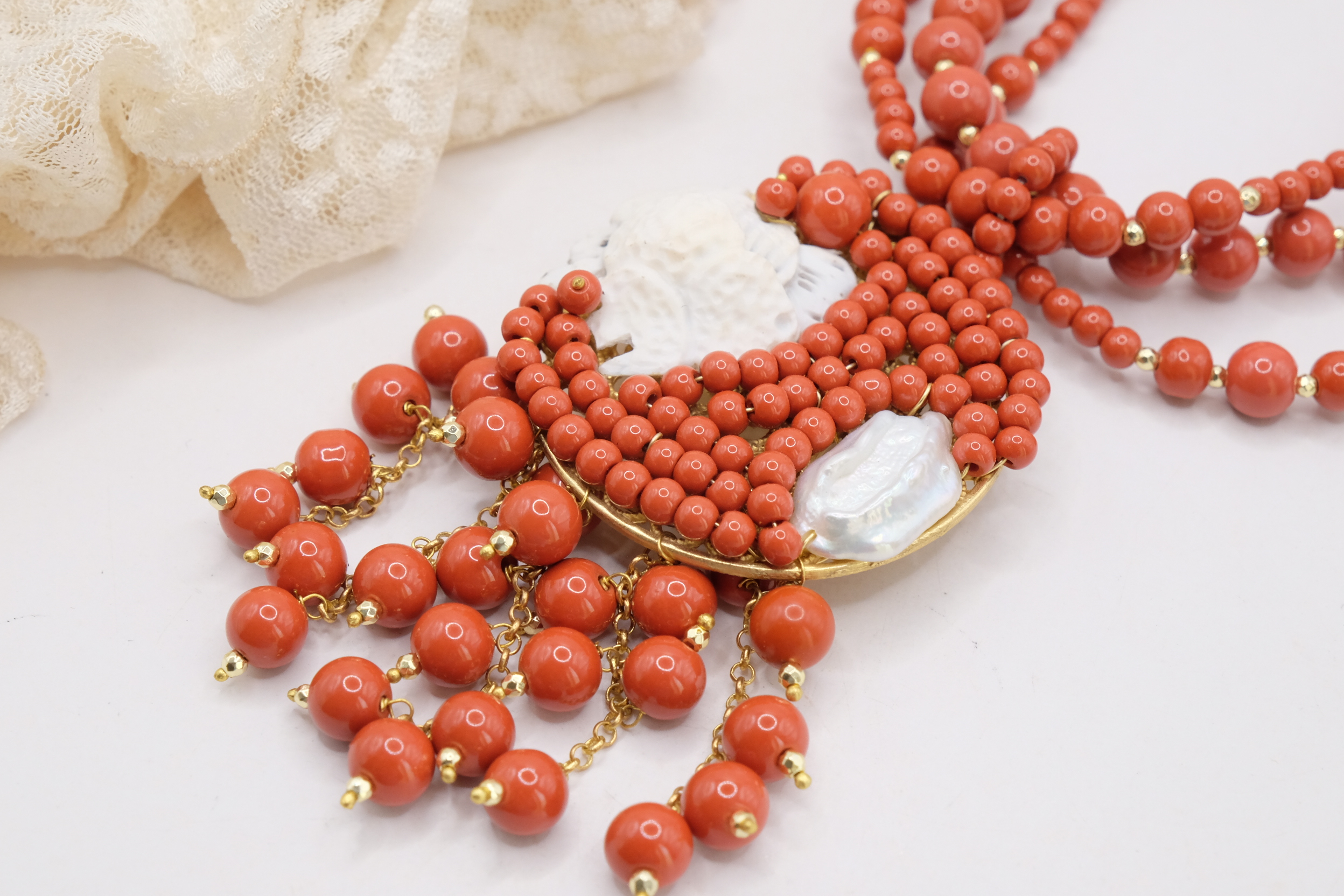 COLLANA MULTIFILO PASTA DI CORALLO PERLE CAMMEO DI TORRE DEL GRECO (4)