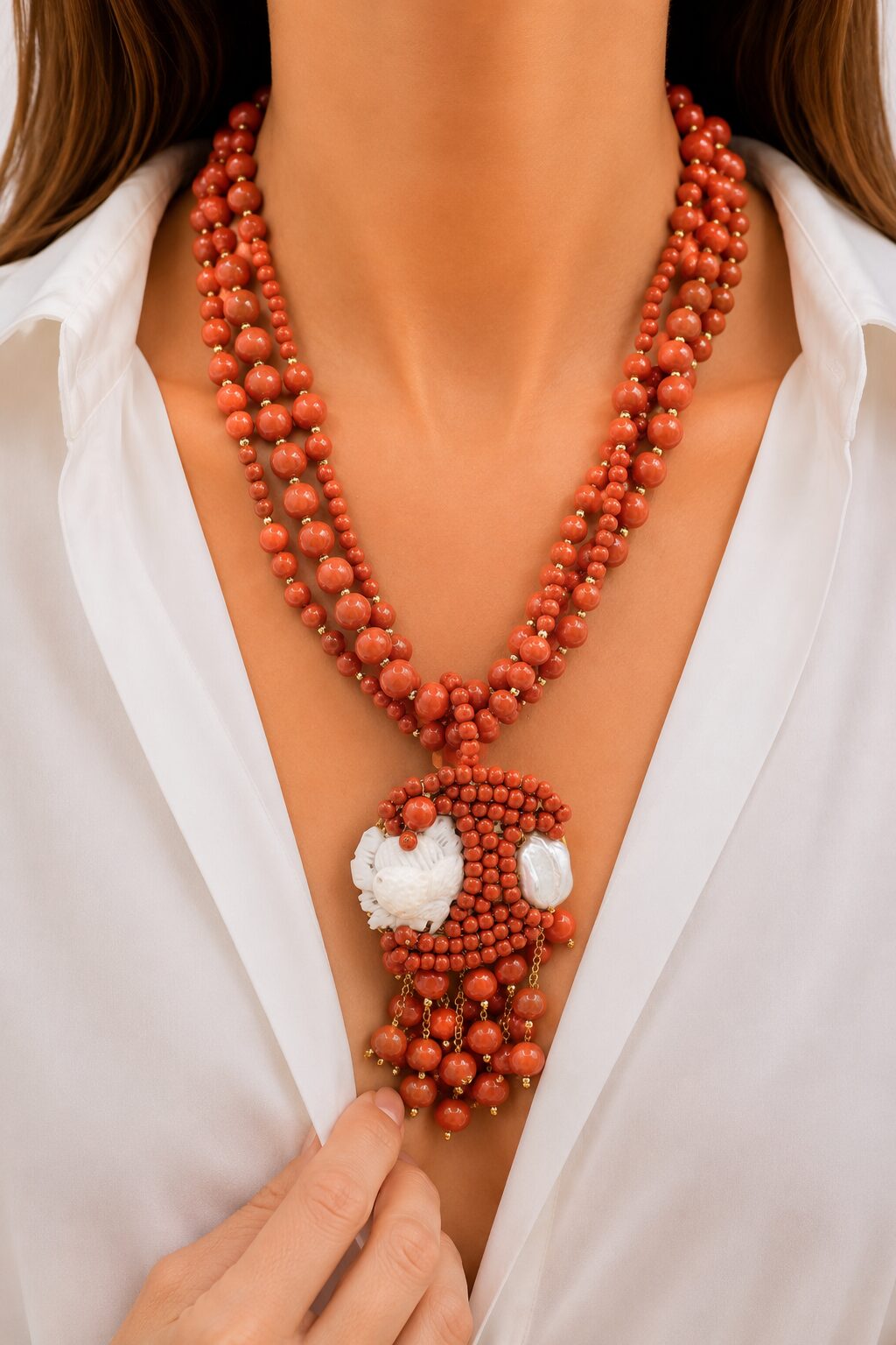 COLLANA MULTIFILO PASTA DI CORALLO PERLE CAMMEO DI TORRE DEL GRECO