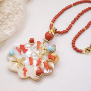 Collana Artigianale Ciondolo Fiore Madreperla Corallo Pasta di Corallo