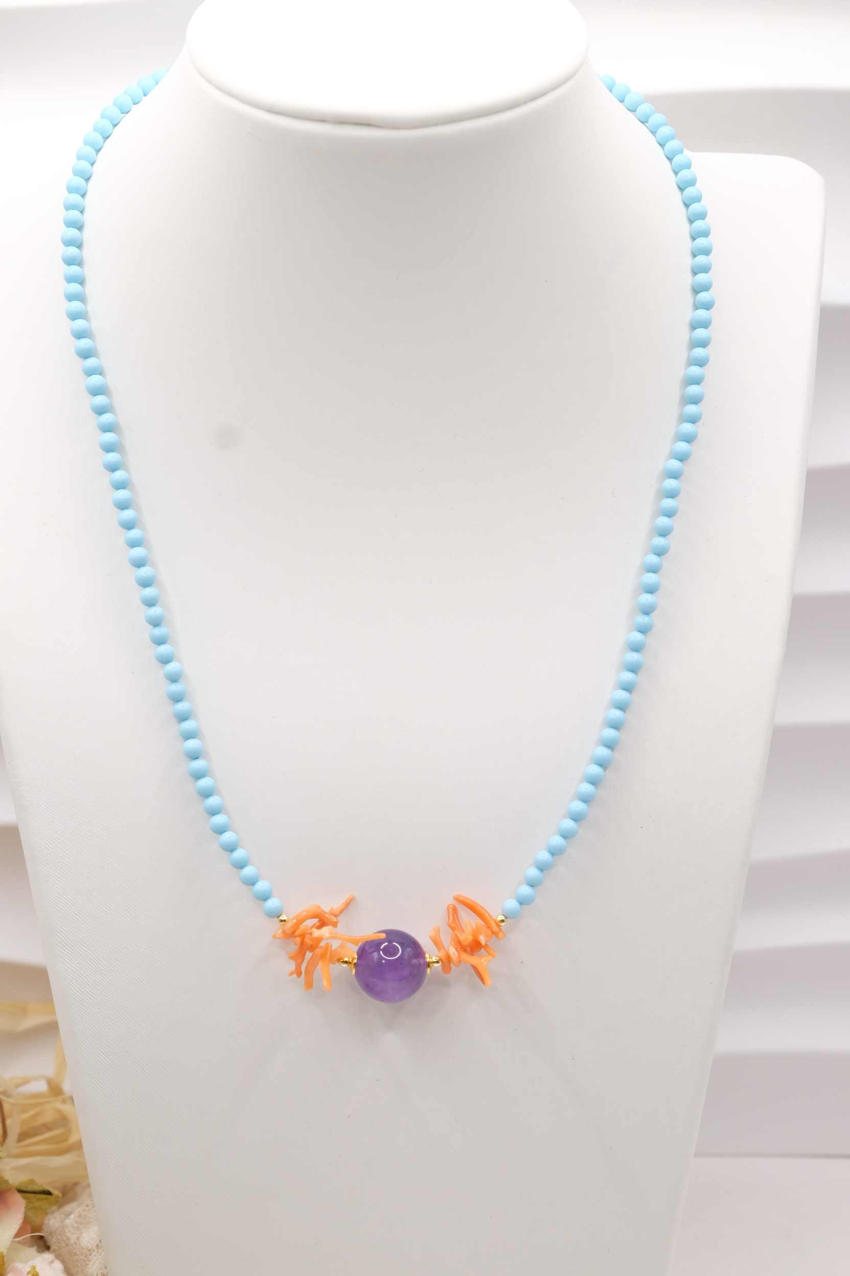 COLLANA PASTA DI TURCHESE 4 FIORI AMETISTA CORALLO ARGENTO ARTIGIANALE (2)