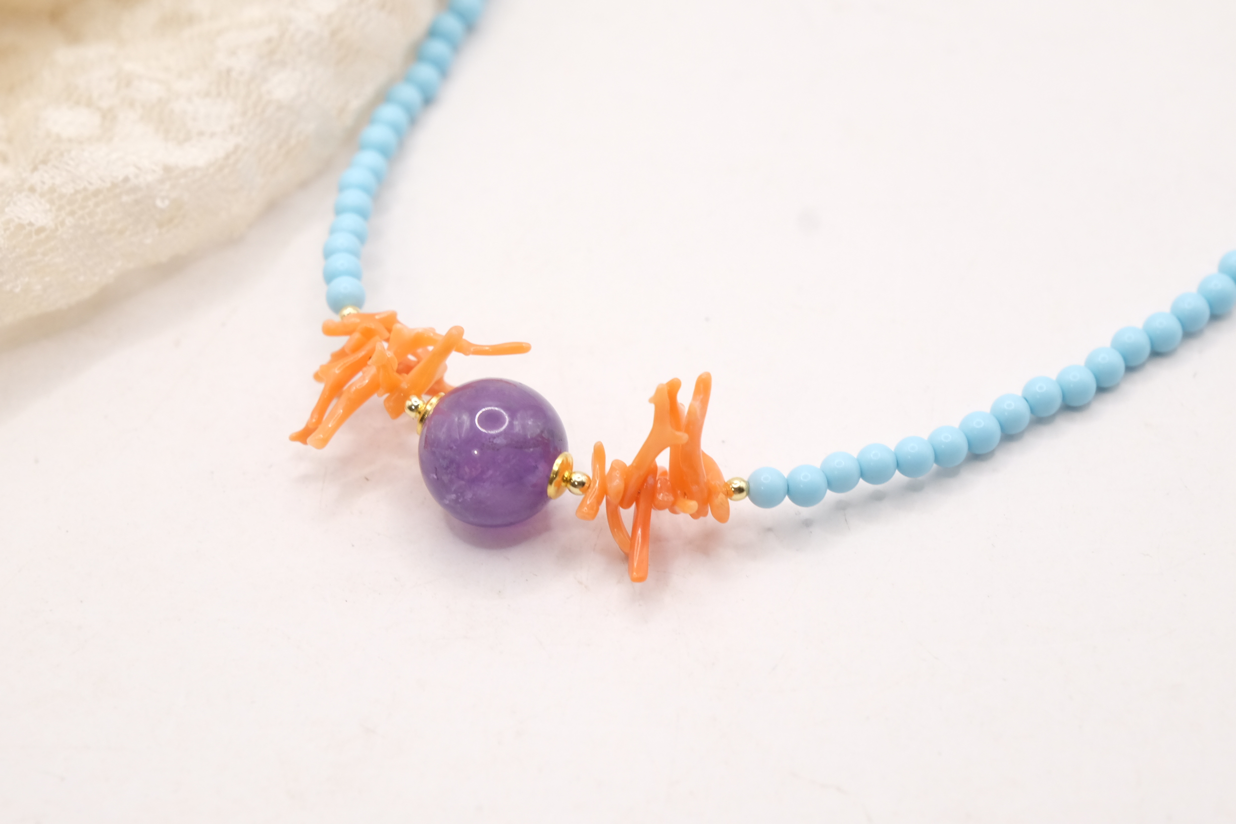 COLLANA PASTA DI TURCHESE 4 FIORI AMETISTA CORALLO ARGENTO ARTIGIANALE (3)