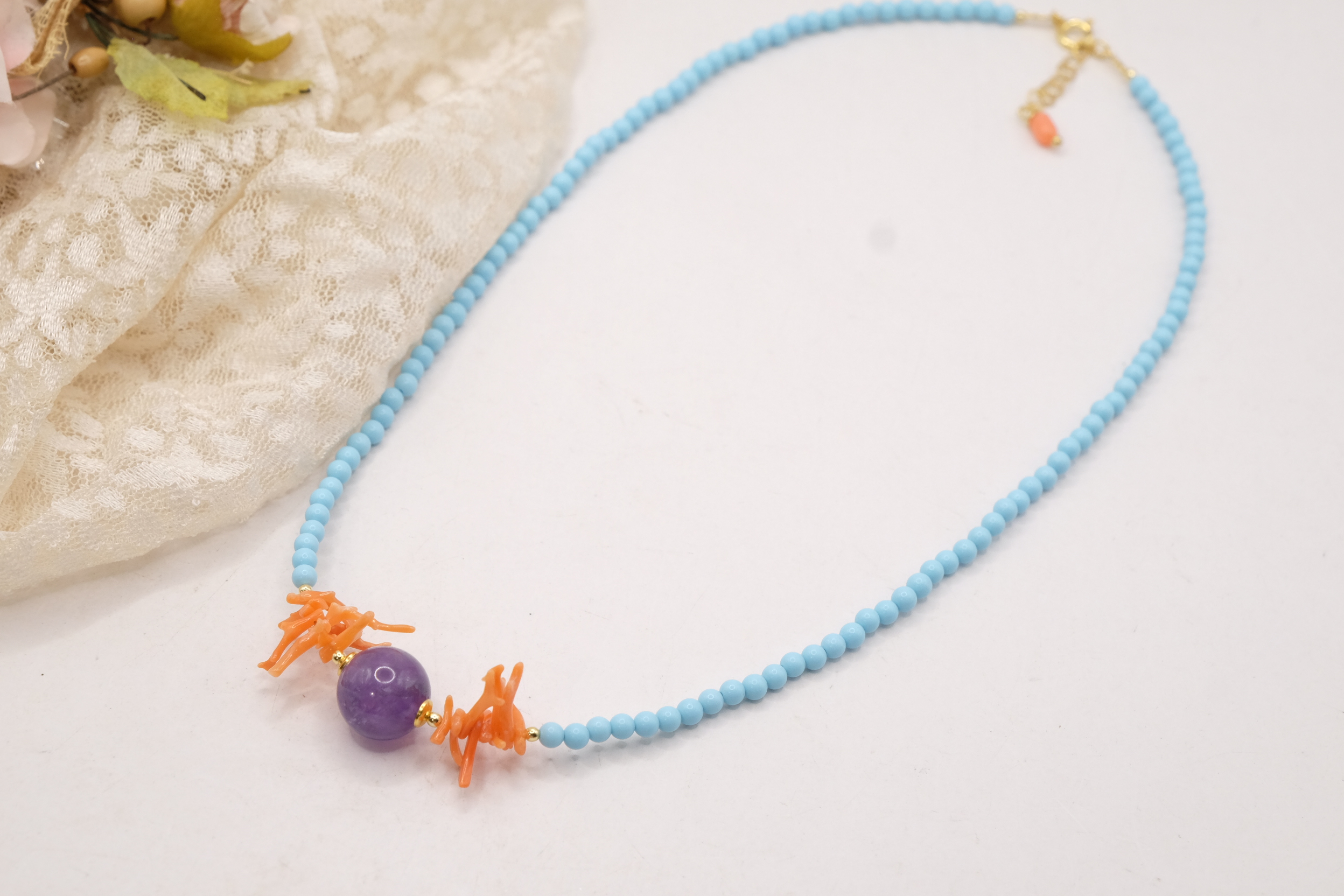 COLLANA PASTA DI TURCHESE 4 FIORI AMETISTA CORALLO ARGENTO ARTIGIANALE (4)