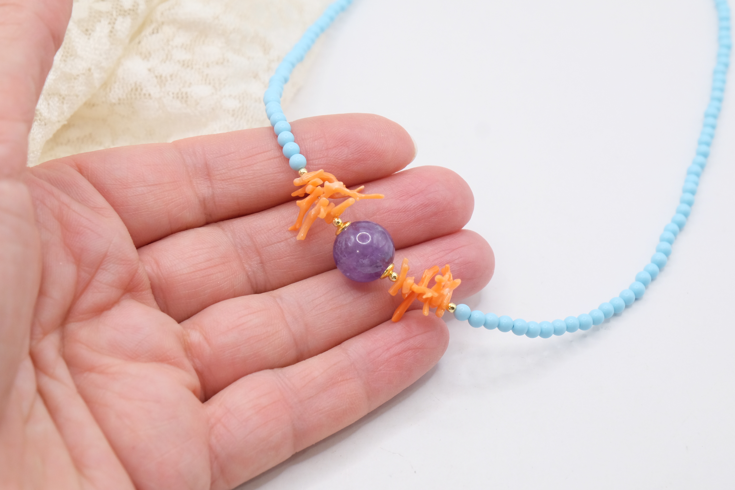 COLLANA PASTA DI TURCHESE 4 FIORI AMETISTA CORALLO ARGENTO ARTIGIANALE (5)