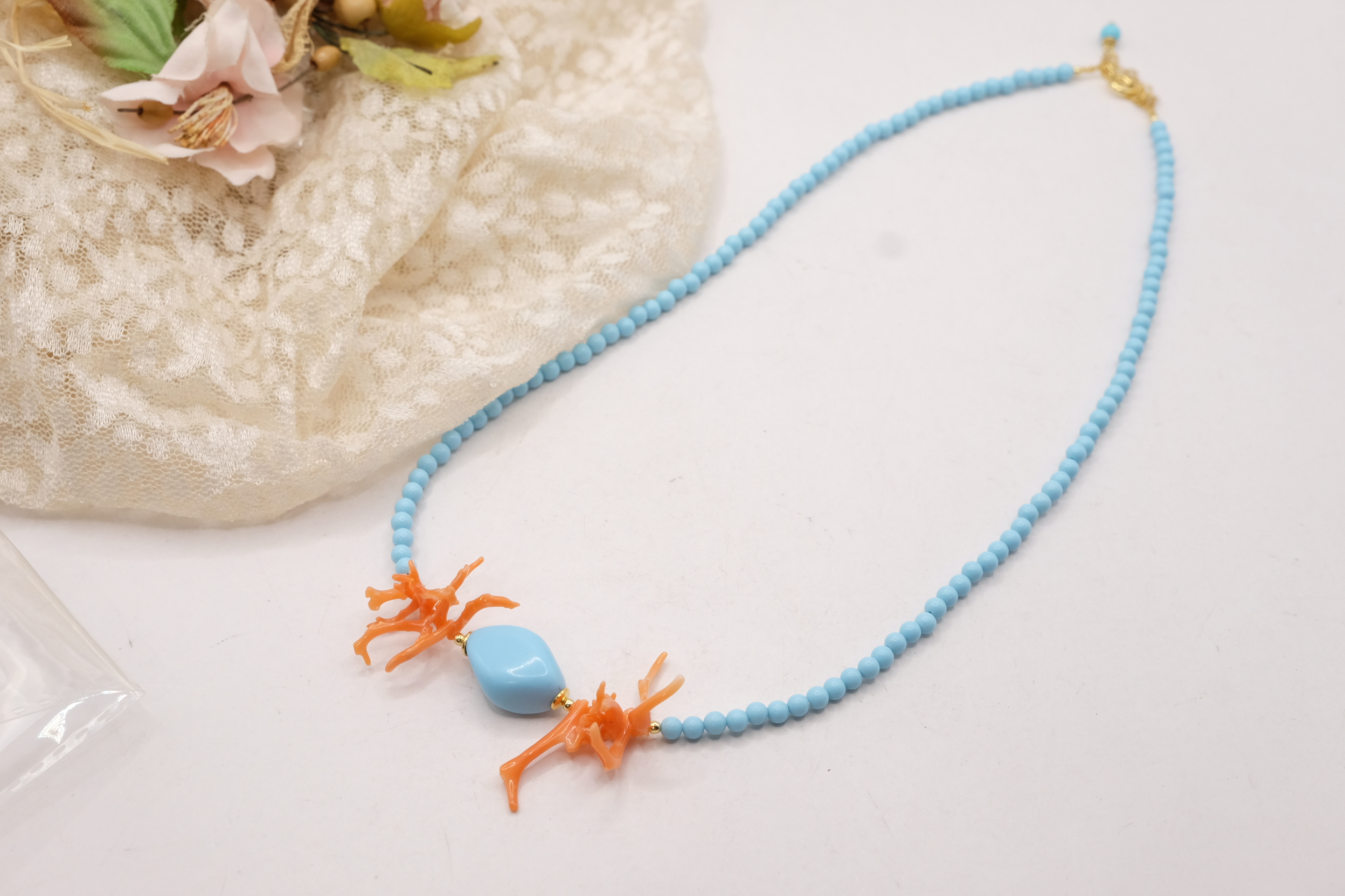 COLLANA PASTA DI TURCHESE 4 FIORI CORALLO ARGENTO ARTIGIANALE (4)