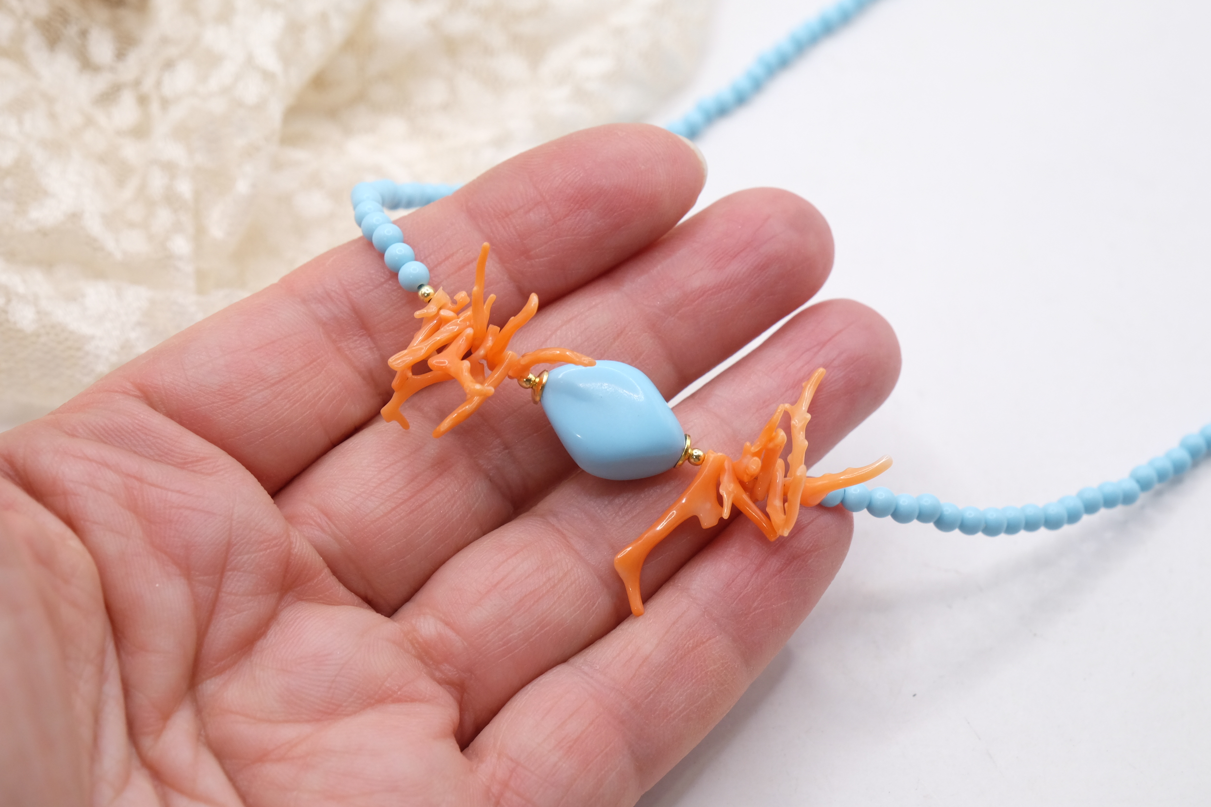 COLLANA PASTA DI TURCHESE 4 FIORI CORALLO ARGENTO ARTIGIANALE (5)