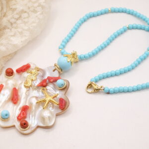 Collana Artigianale Ciondolo Fiore Madreperla Corallo Pasta di Turchese